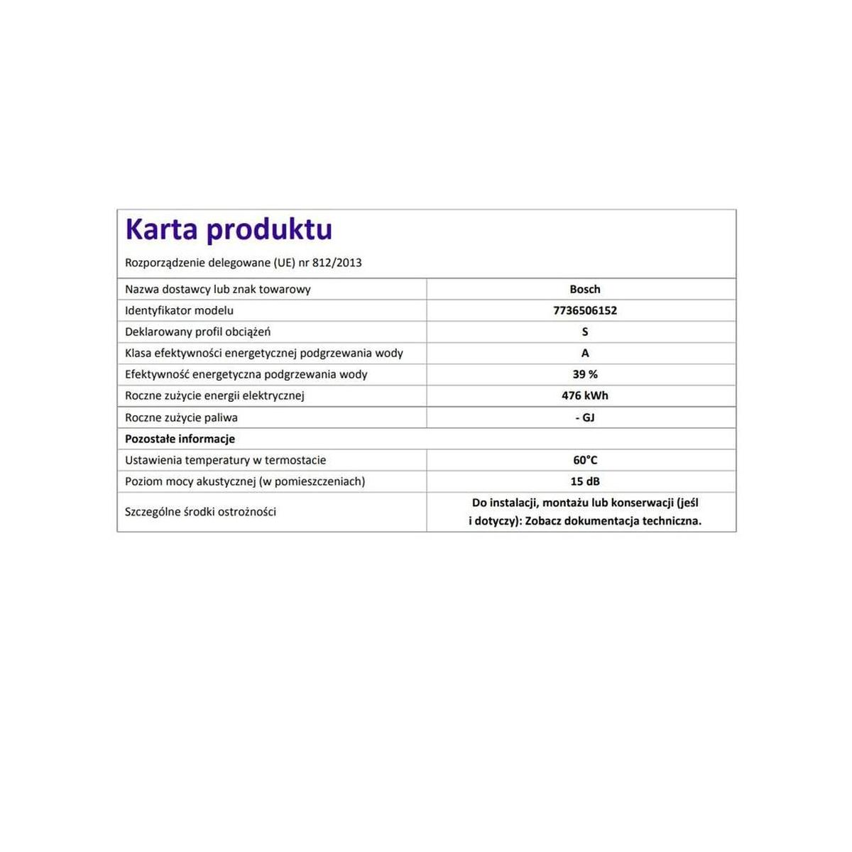 Produktdatenblatt mit Details zu Energieeffizienz, Verbrauch und Geräteleistung von Bosch.