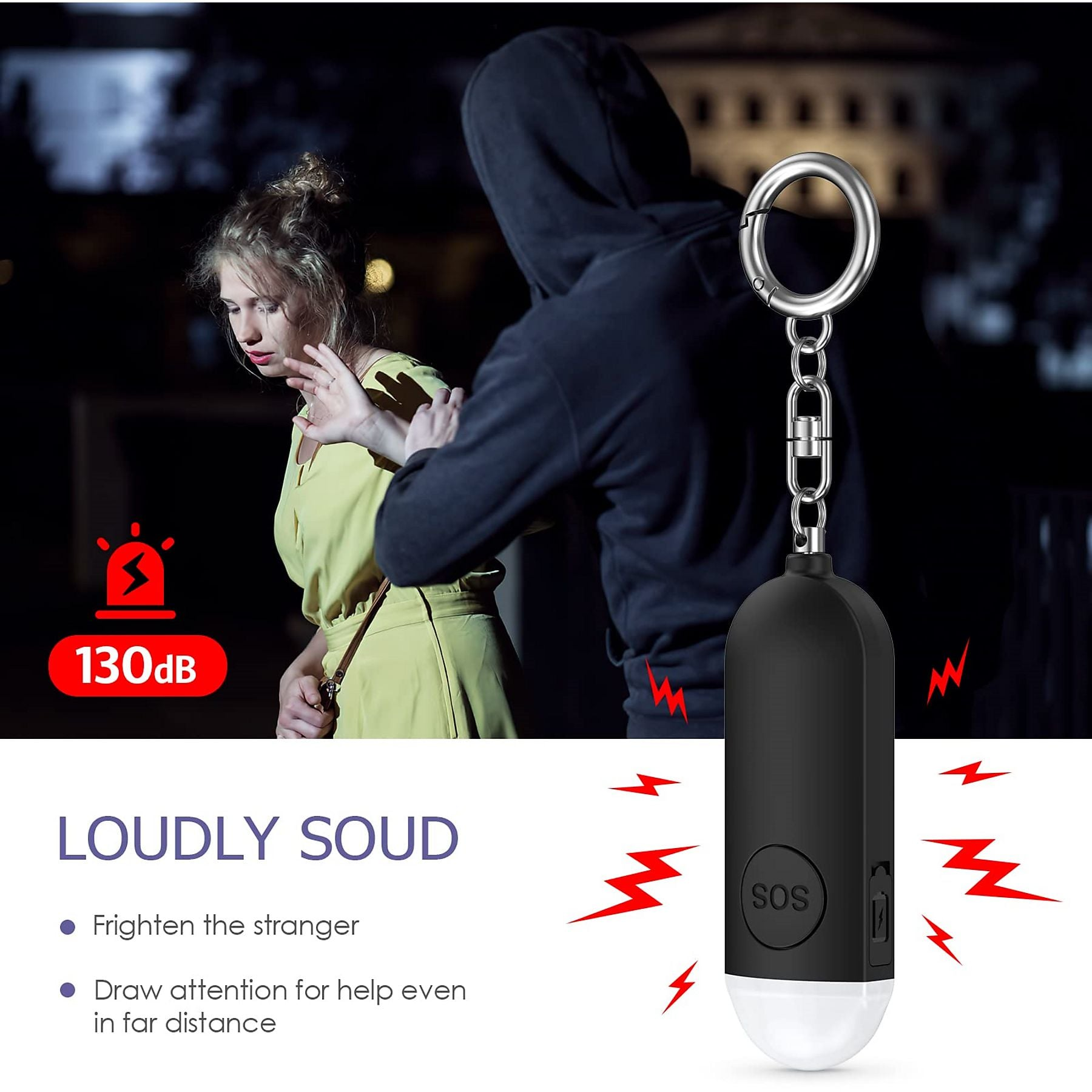 Ein Mann in einem Hoodie bedrängt eine Frau; ein lauter Alarm-Anhänger ist zu sehen.