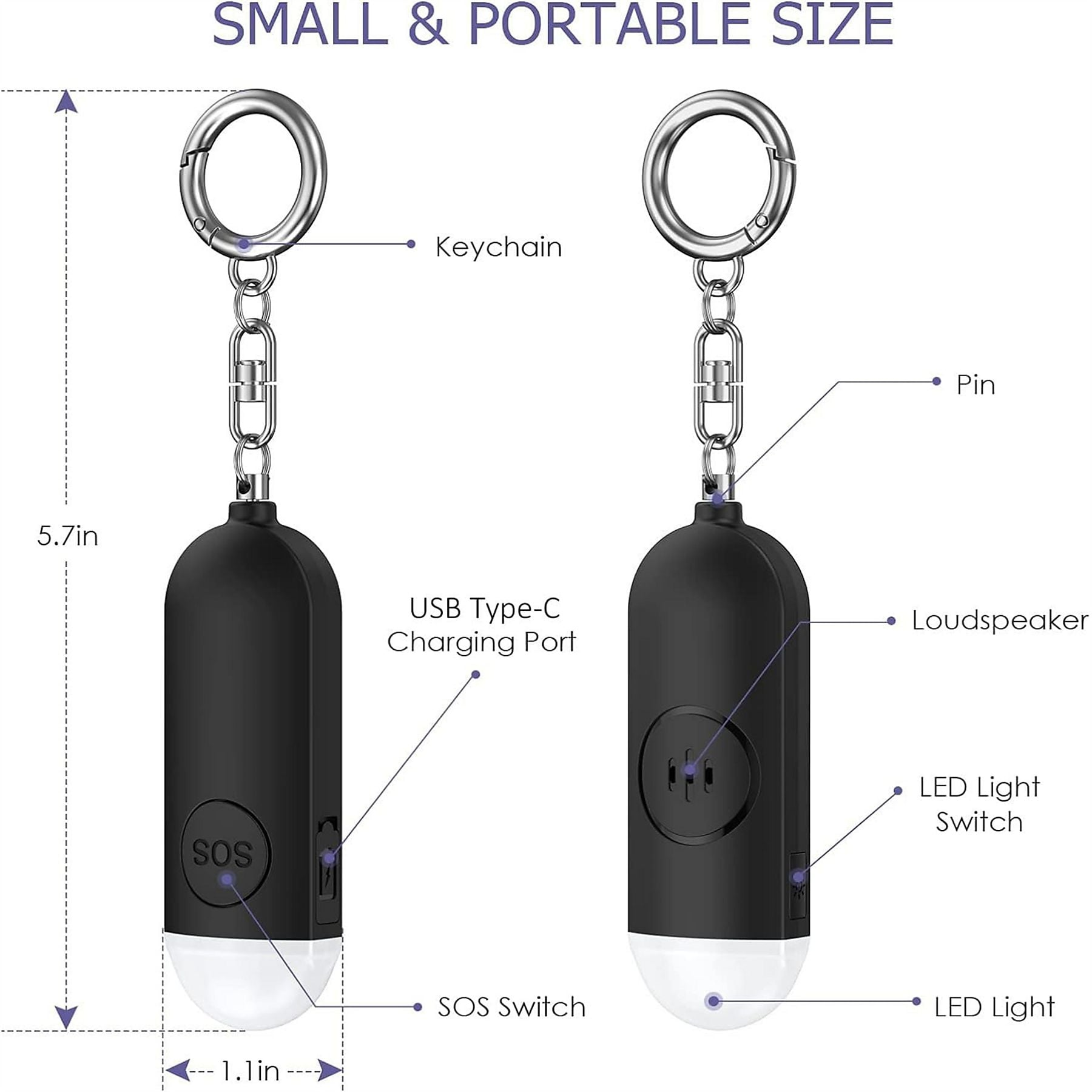Zwei schwarze tragbare Sicherheitsalarme mit Schlüsselanhänger, Ladeanschluss und LED.