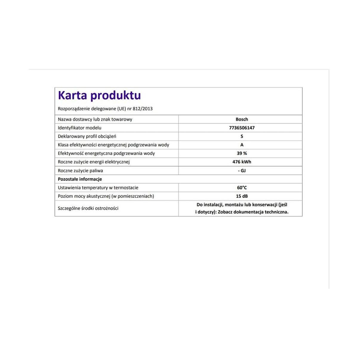 Produktdatenblatt mit Energieeffizienzklassifizierung, Verbrauchsdaten und Installationshinweisen.