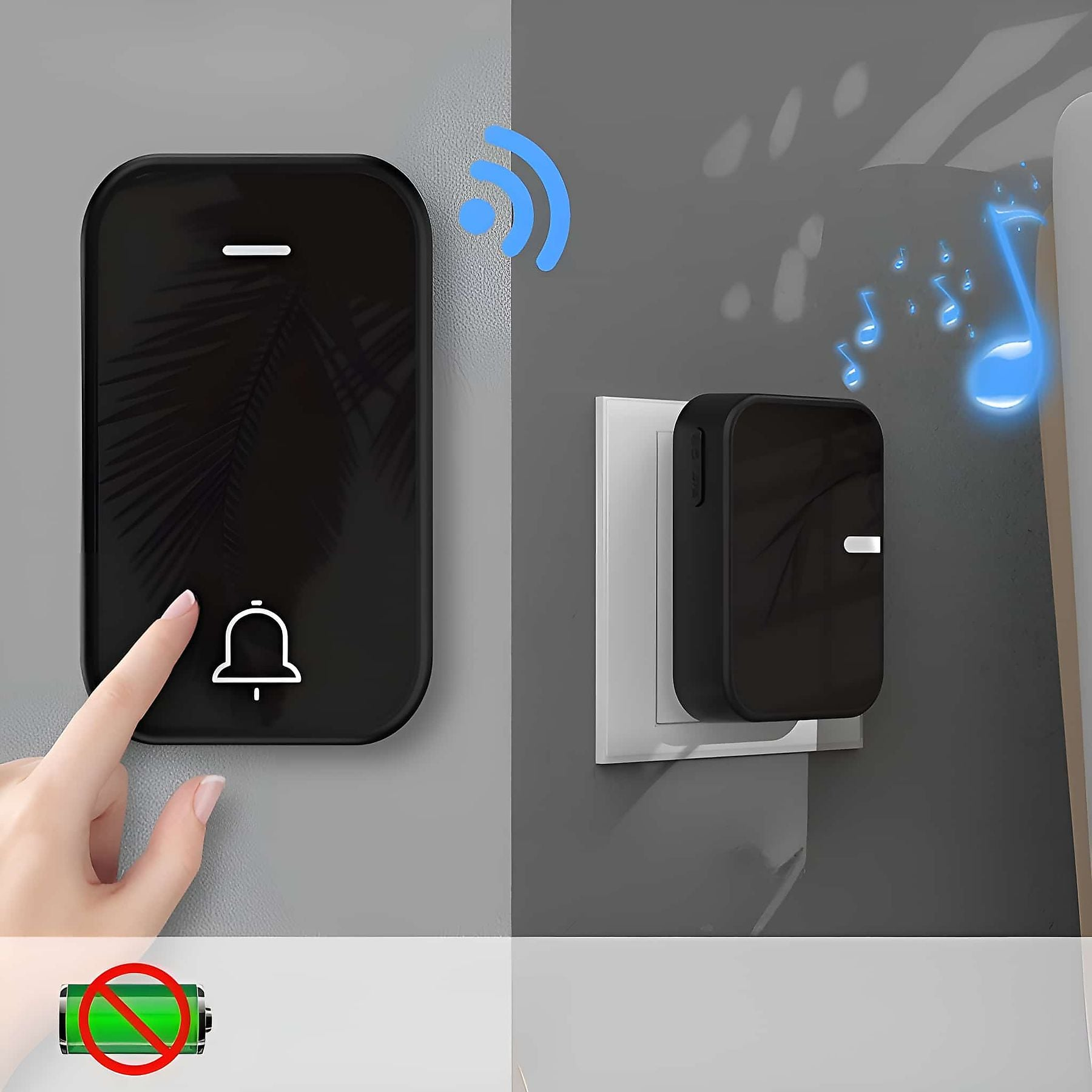 Ein Finger drückt auf eine schwarze Türklingel. Rechts daneben eine Stecker-Türklingel.