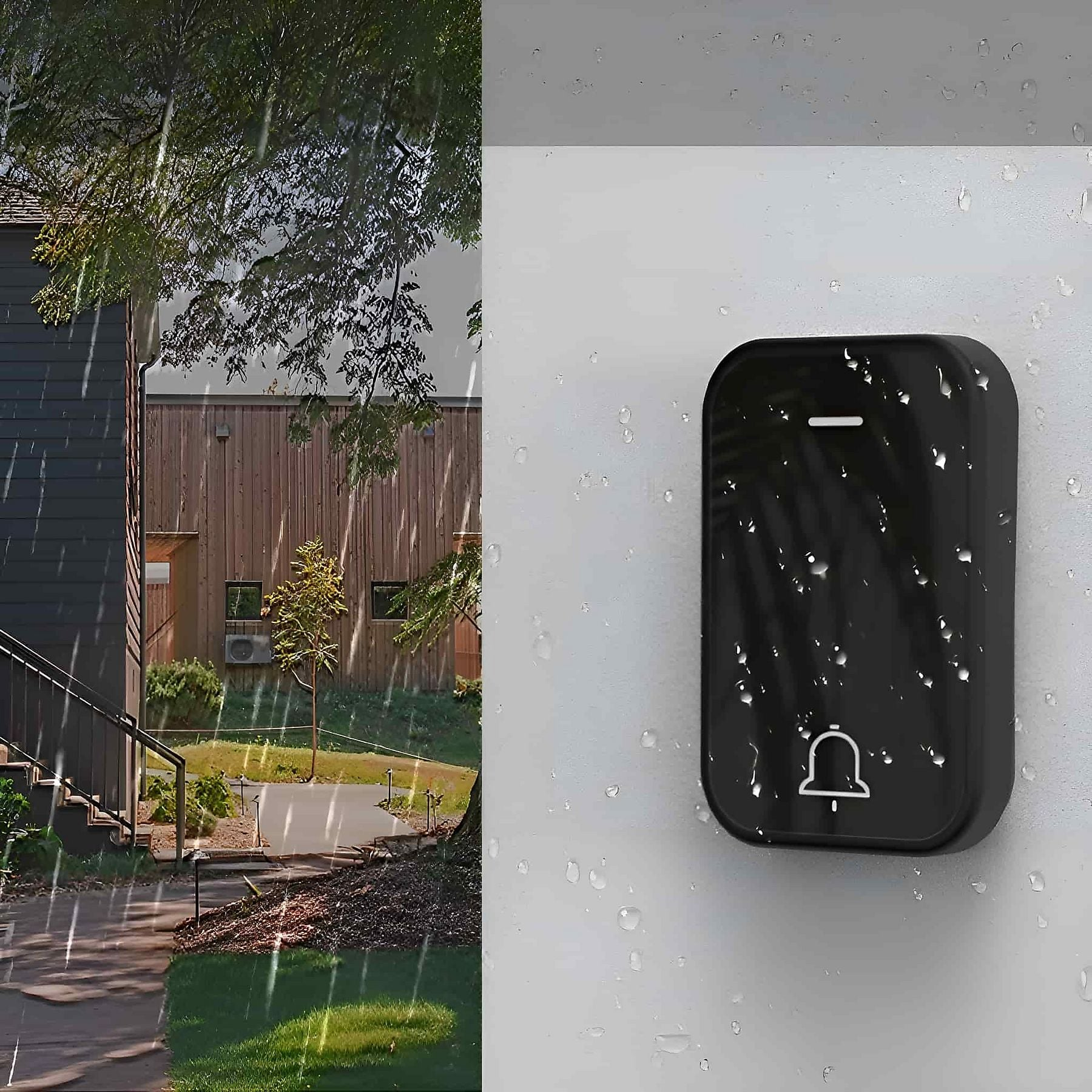 Schwarzer Türgong mit Glockensymbol bei Regen.