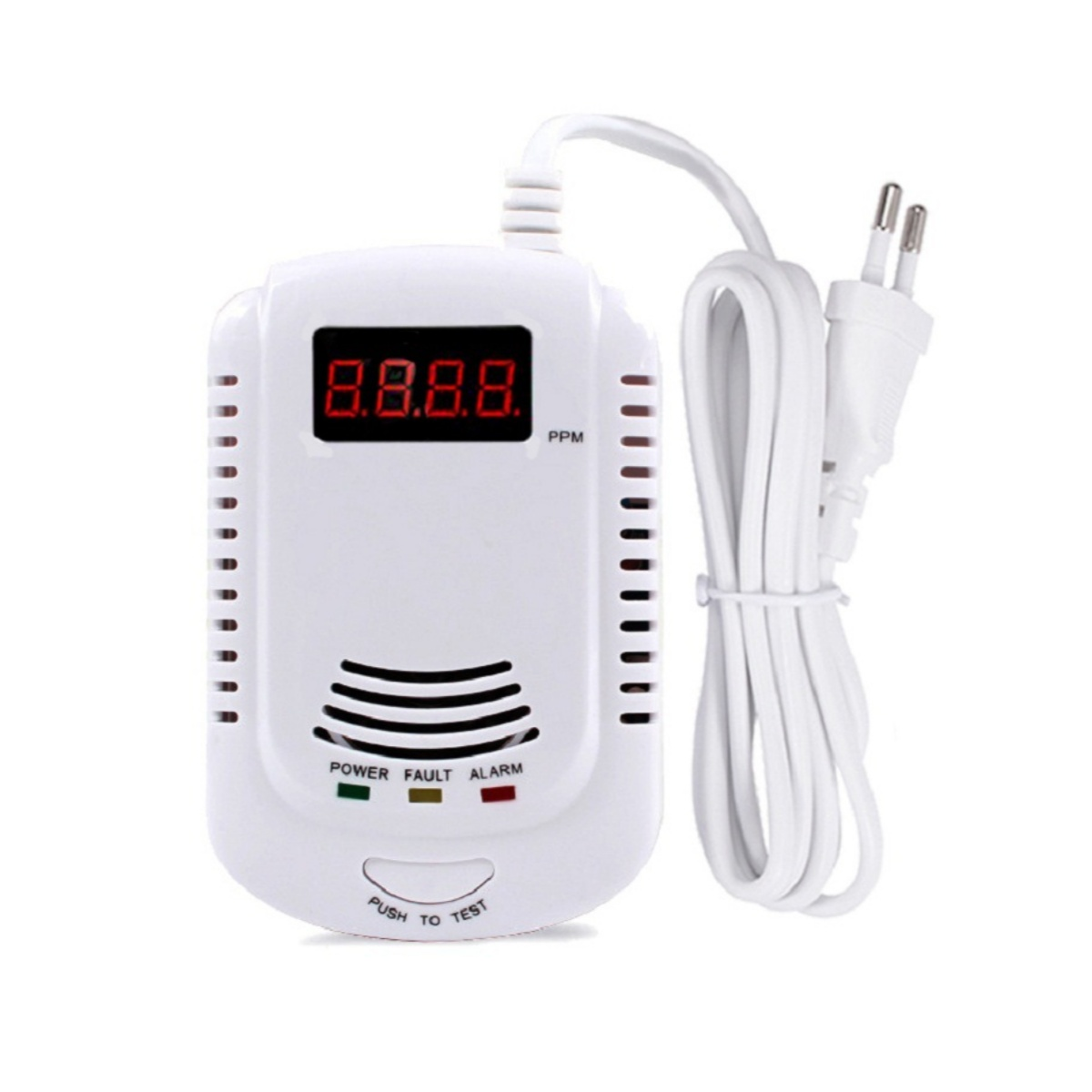 Ein weißer Gasmelder mit rotem Digitaldisplay, Lufteinlass und Kabel.