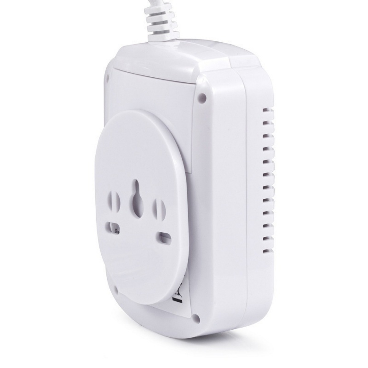 Ein weißer Steckeradapter mit einem Kabel, der aus der Oberseite herausragt.