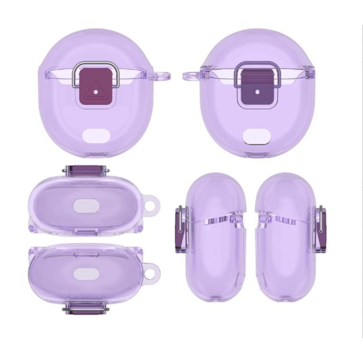 Custodia trasparente viola per auricolari con chiusura argento.