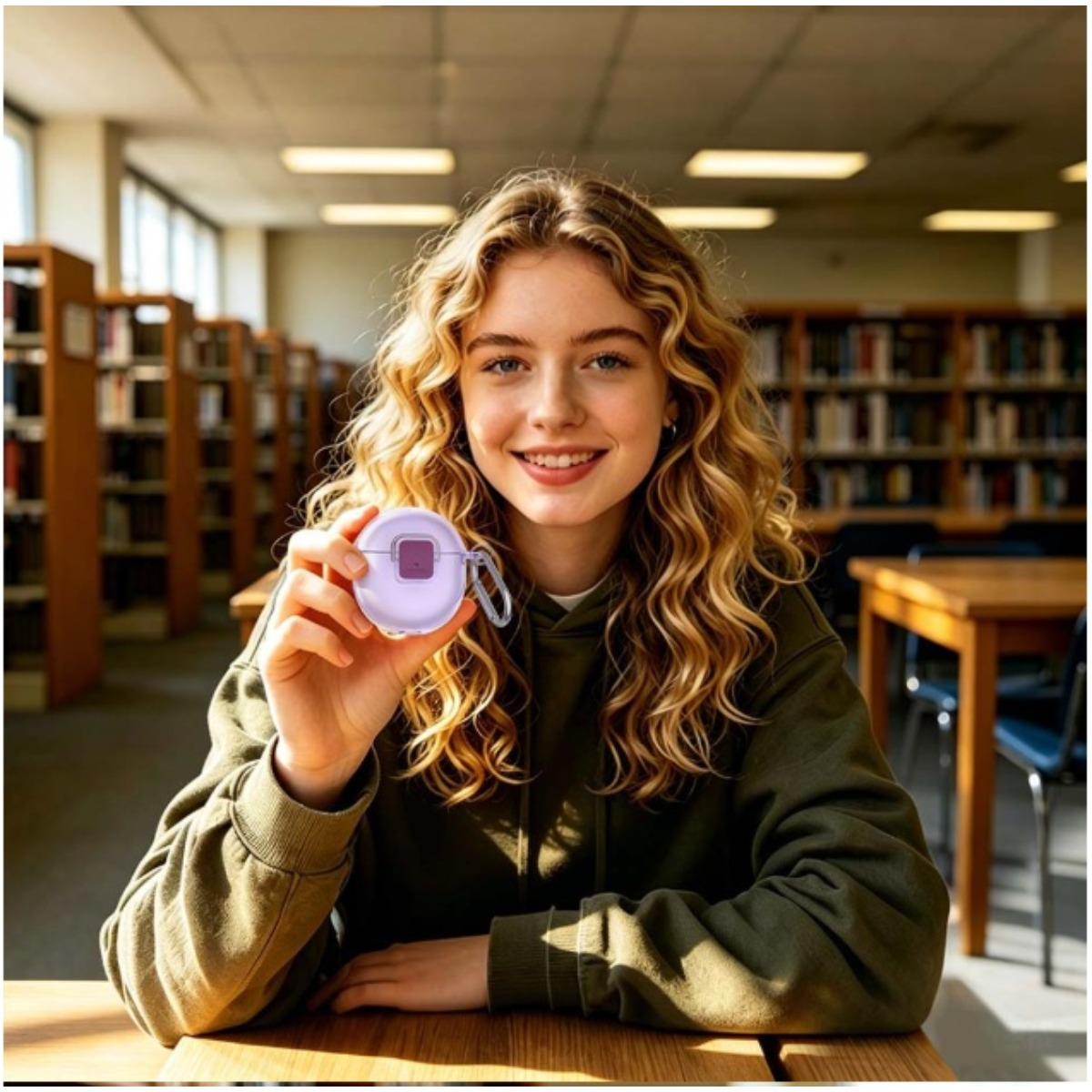 Una giovane donna sorridente con capelli ricci biondi tiene una custodia viola chiaro in una biblioteca.