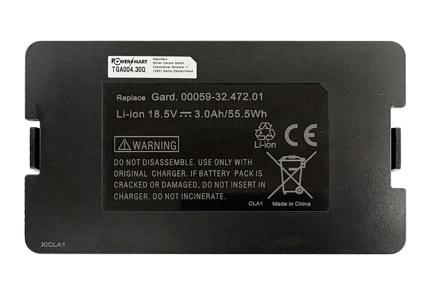 Schwarzer Lithium-Ionen-Akku 18,5V 3,0Ah mit Warnhinweisen und CE-Zeichen.