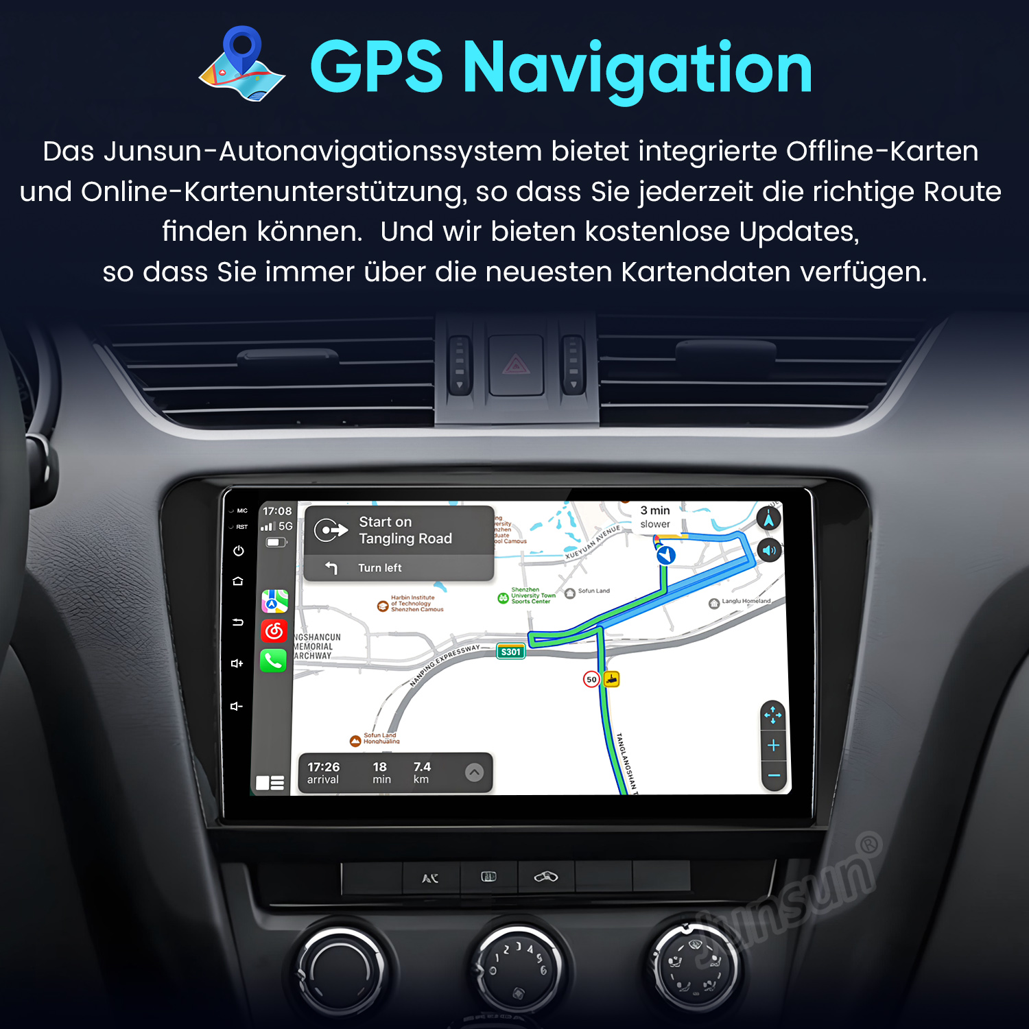 Ein Auto-Navigationssystem zeigt eine Karte mit einer Route an. Der Text bewirbt Offline-/Online-Karten.