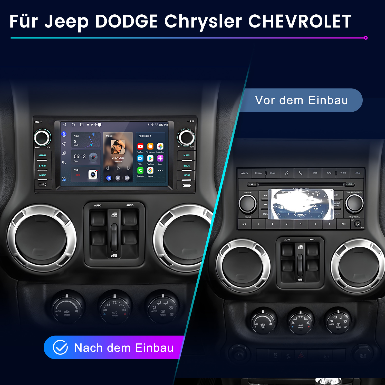 Vor und nach dem Einbau eines Autoradios für Jeep, Dodge, Chrysler, Chevrolet.