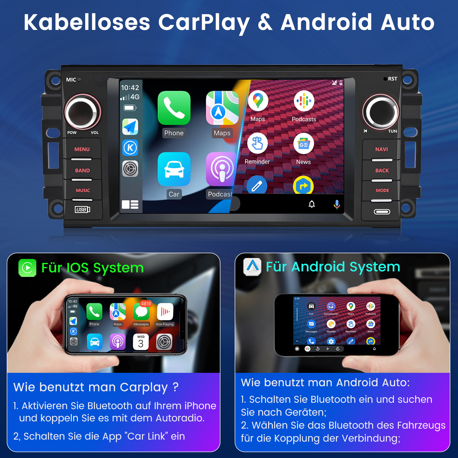 Ein Autoradio mit CarPlay und Android Auto, daneben iPhone und Android-Phone.