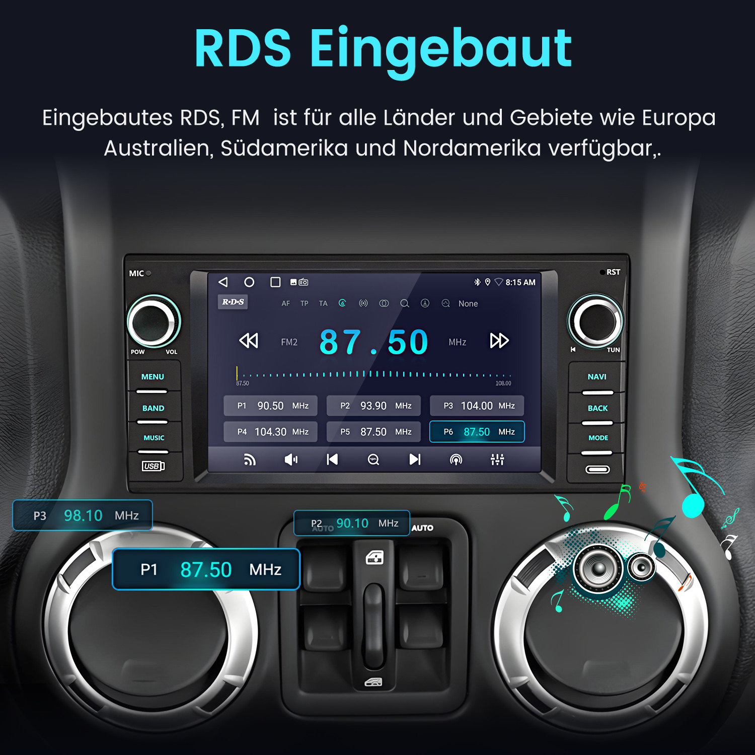 Ein Autoradio mit RDS-Anzeige, das 87.50 MHz zeigt.