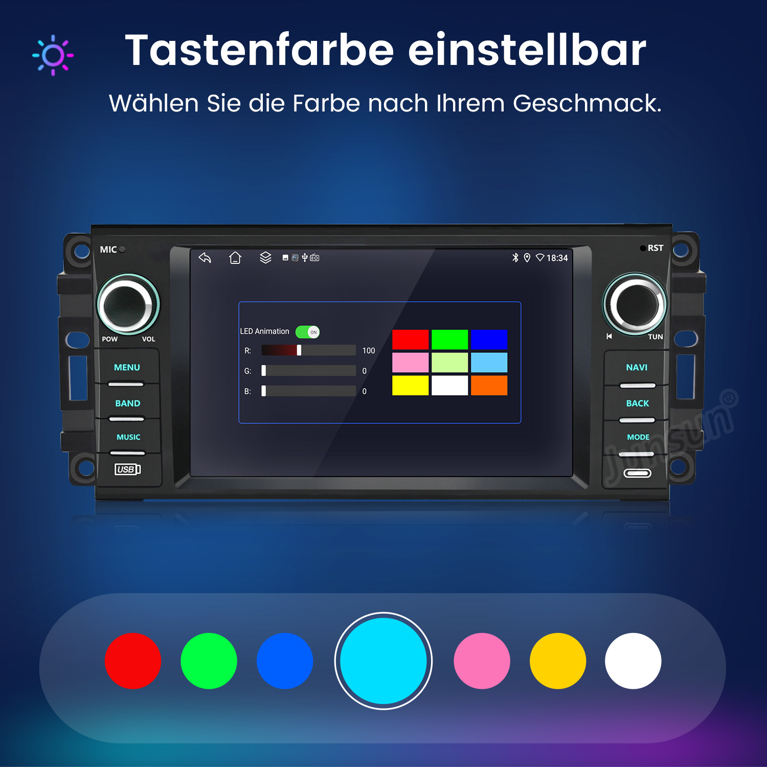 Ein Autoradio mit Touchscreen zeigt eine Farb-LED-Einstellungsoption mit Farbwahl.