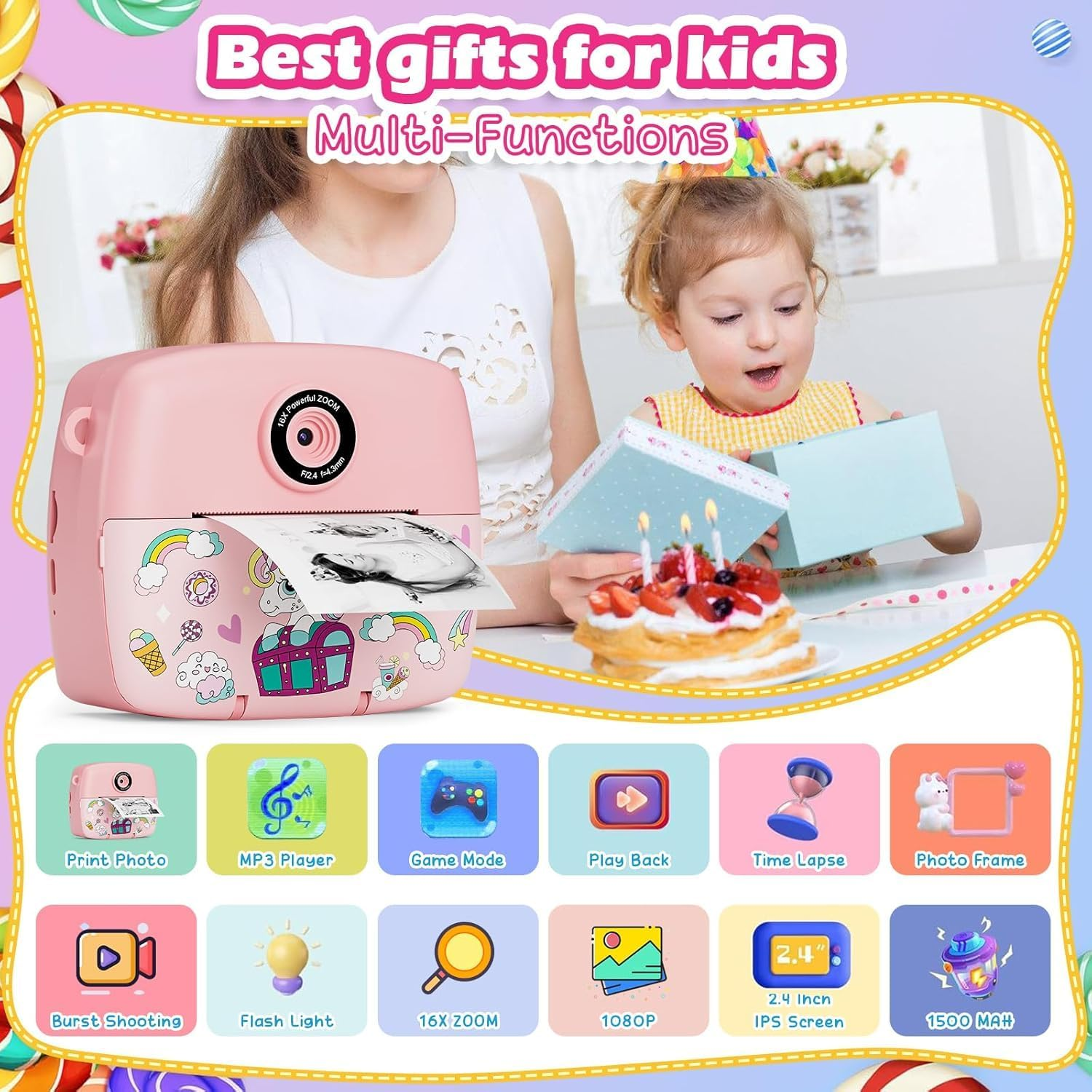 Rosa Kinderkamera mit Funktionen wie Drucken, MP3, Spiele, Zeitraffer, Blitzlicht.