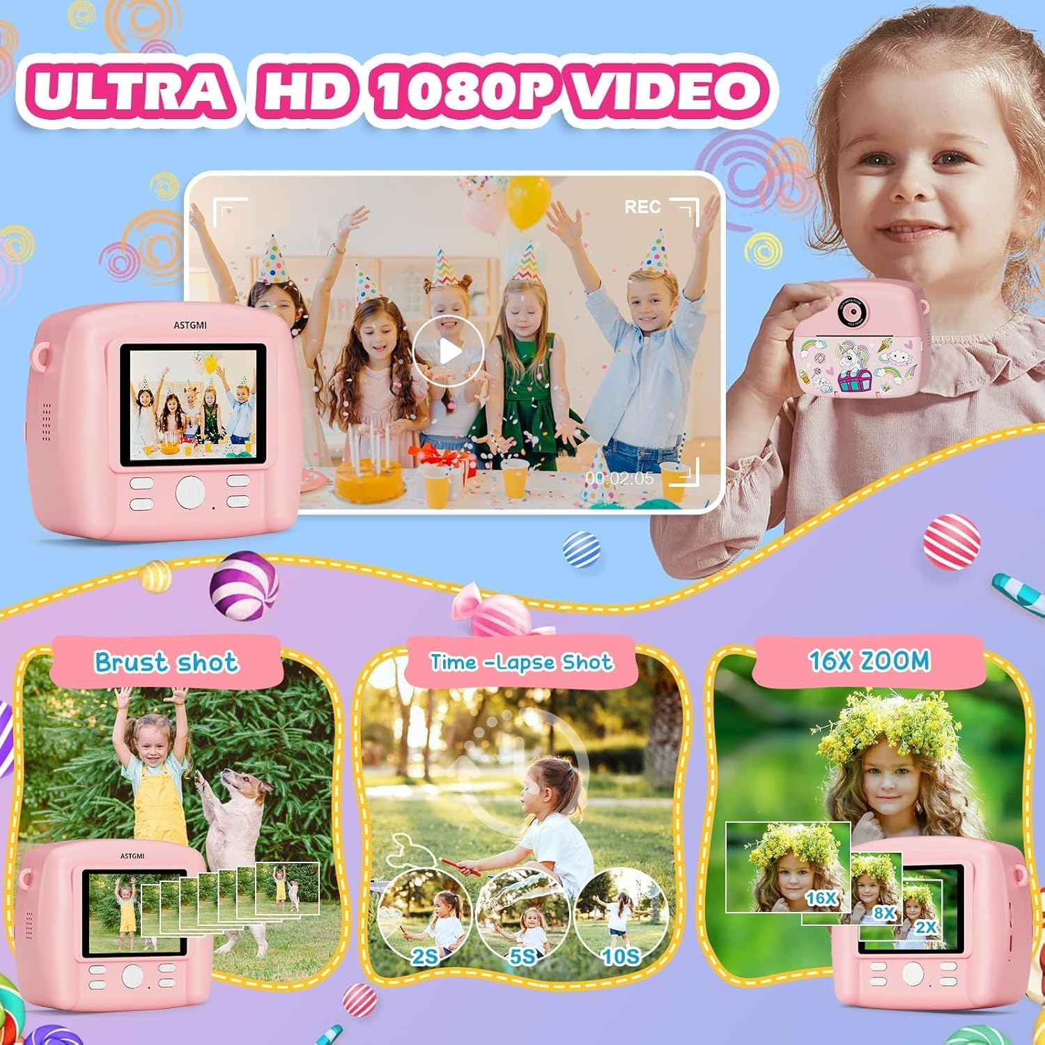 Rosa Digitalkamera zeigt Kinder, Geburtstage, Zeitraffer und Zoomfunktionen.