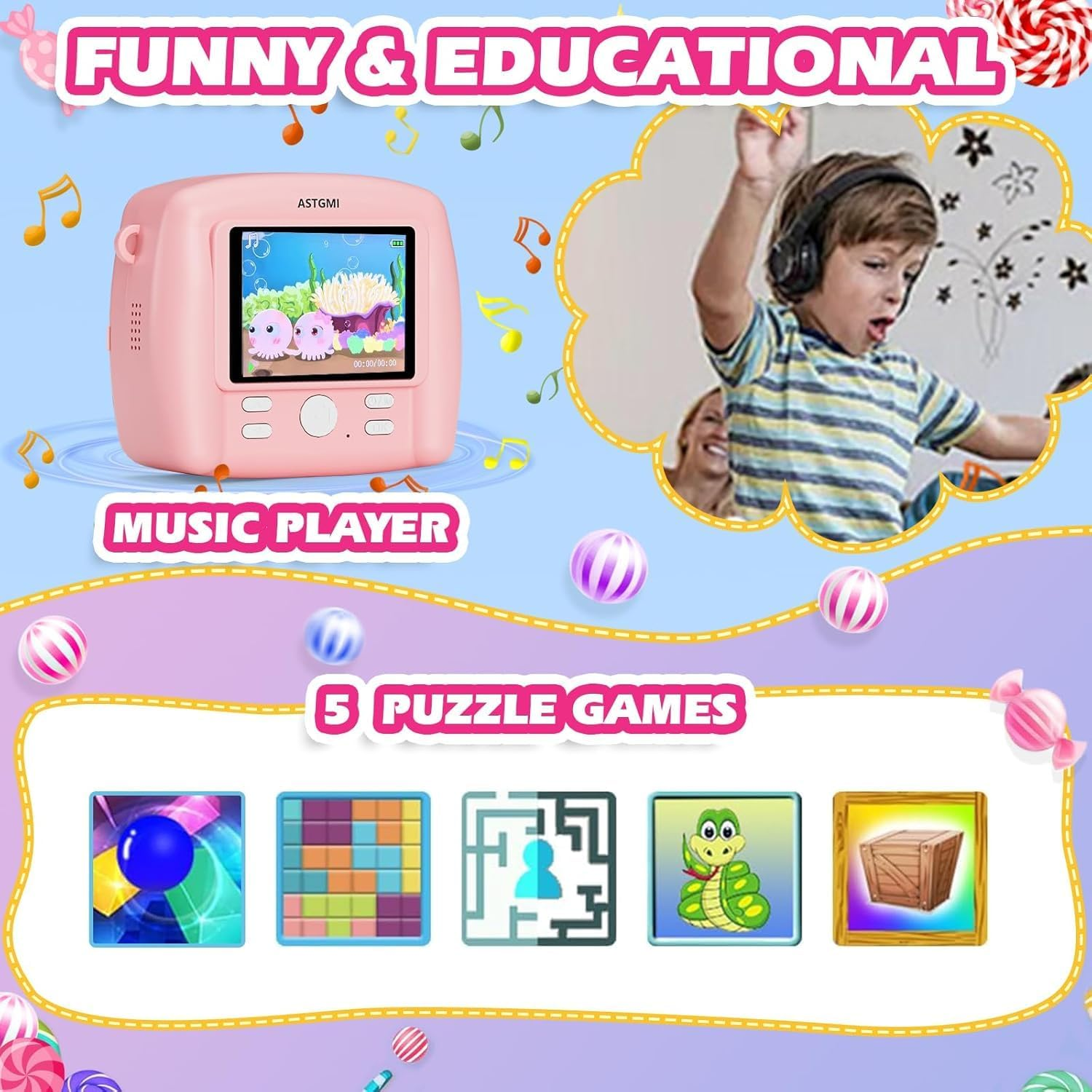 Rosa Musikplayer mit Bildschirm, der Meeresbewohner zeigt. Junge mit Kopfhörern tanzt.