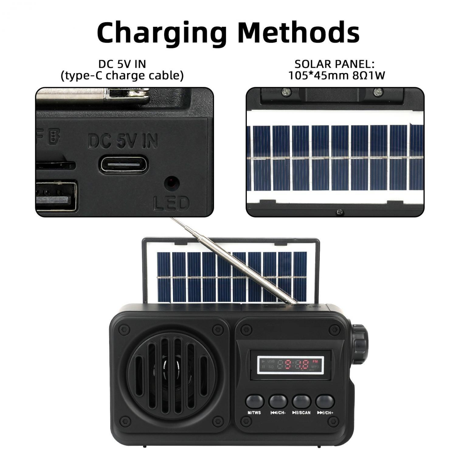 Radio mit Solarpanel, 5V DC Eingang, USB-Anschluss, LED, Display und Bedienelementen.