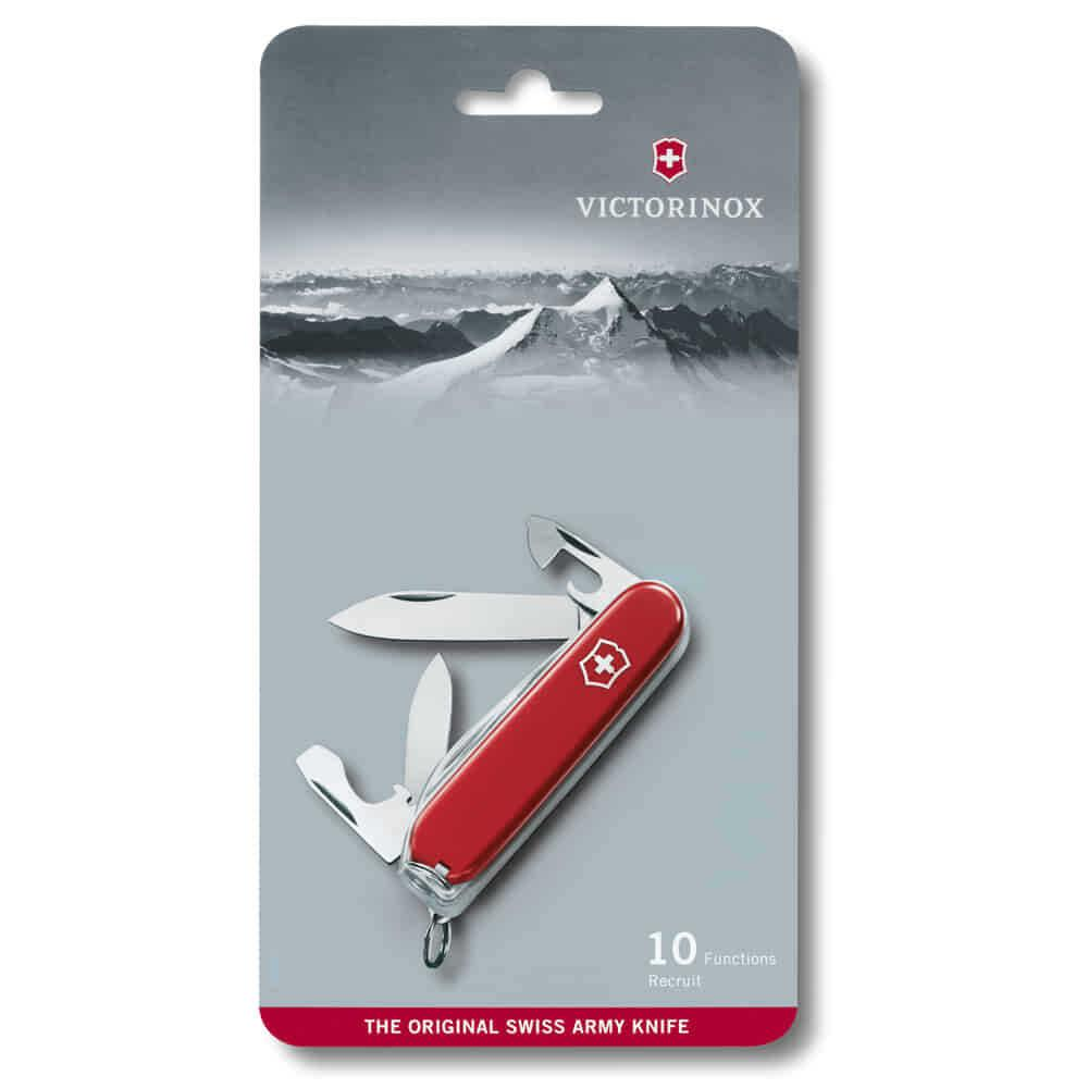 Dağ grafikli ambalajda 10 fonksiyonlu kırmızı Victorinox İsviçre çakısı.
