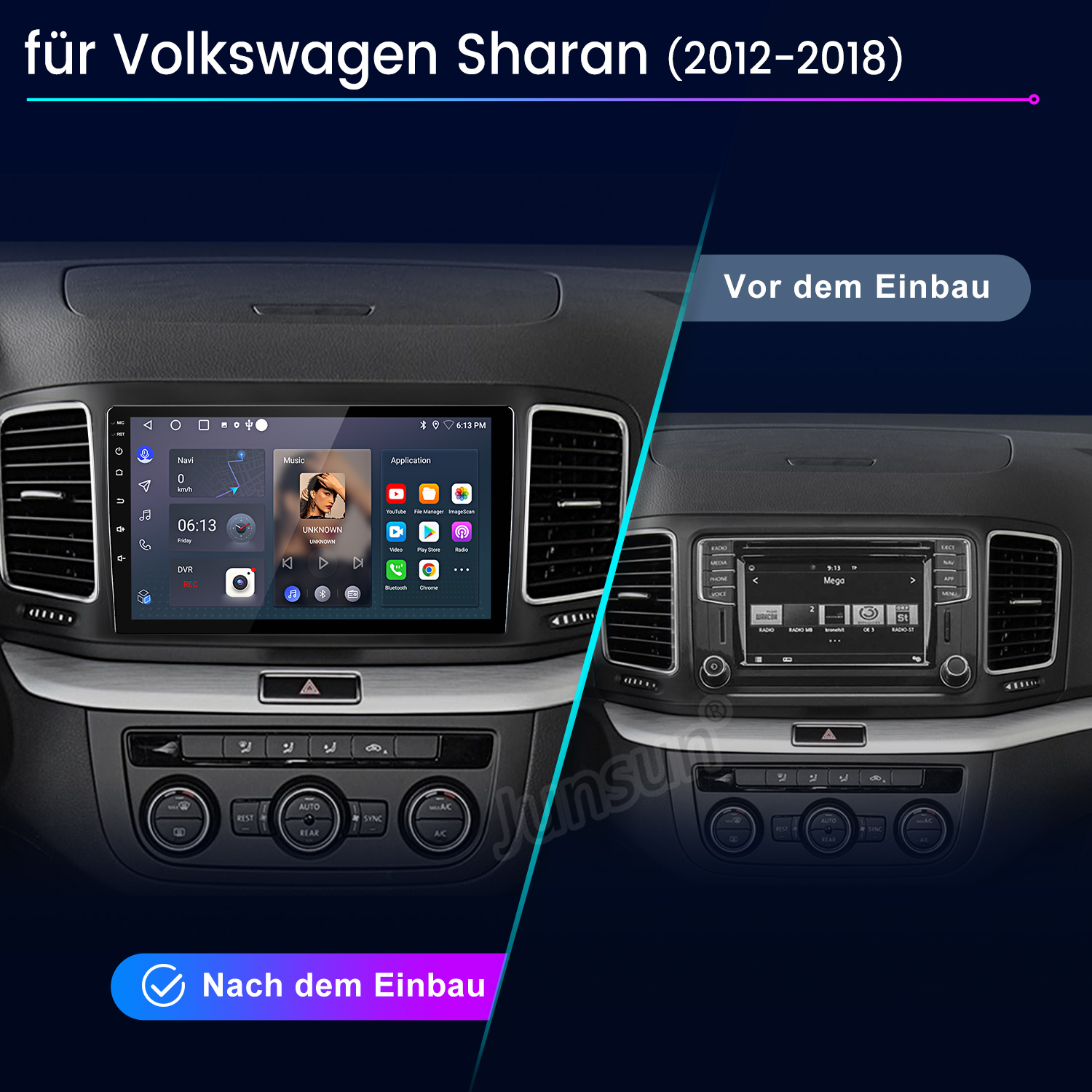 Vergleich eines VW Sharan Infotainmentsystems vor und nach dem Einbau.