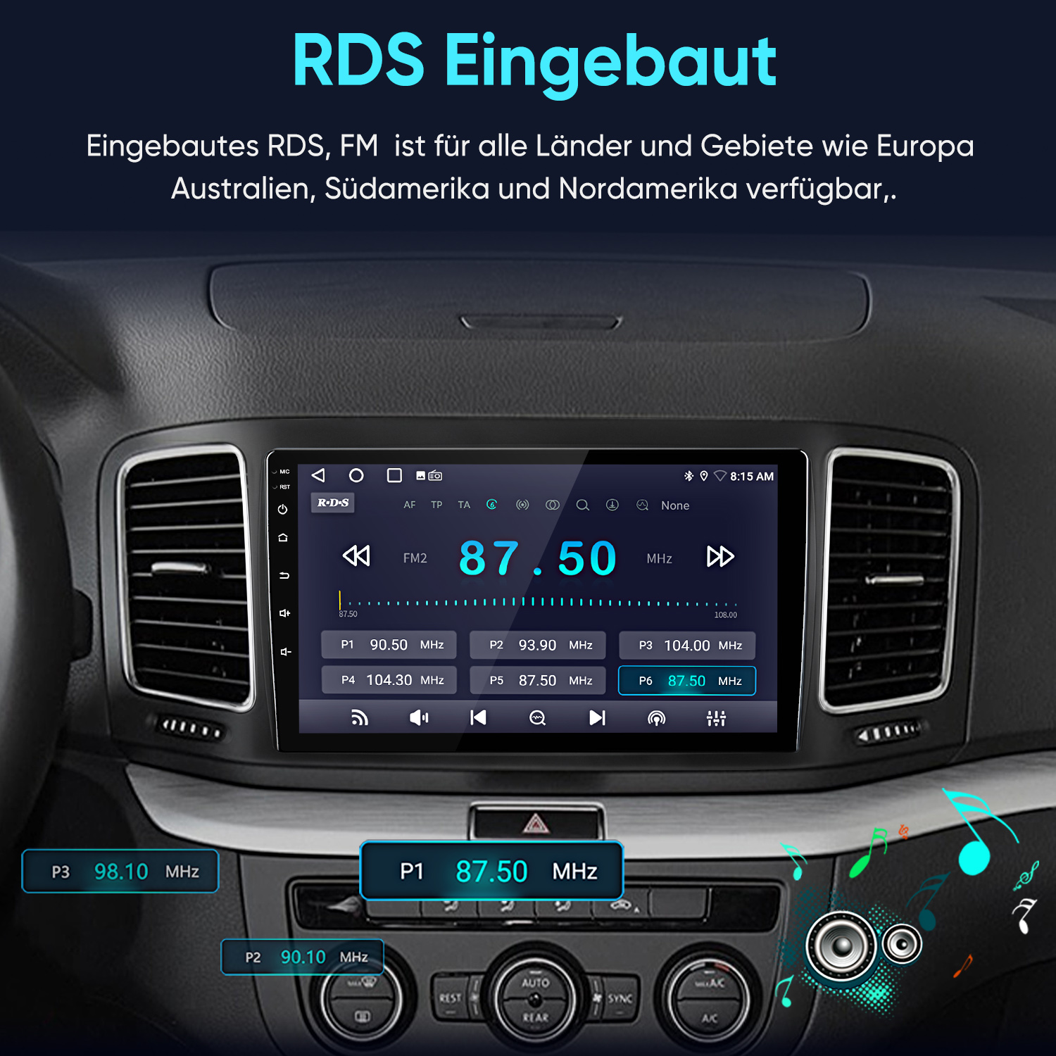 Einbau-RDS-FM-Radio im Auto mit Sendereinstellungen und Zeit.