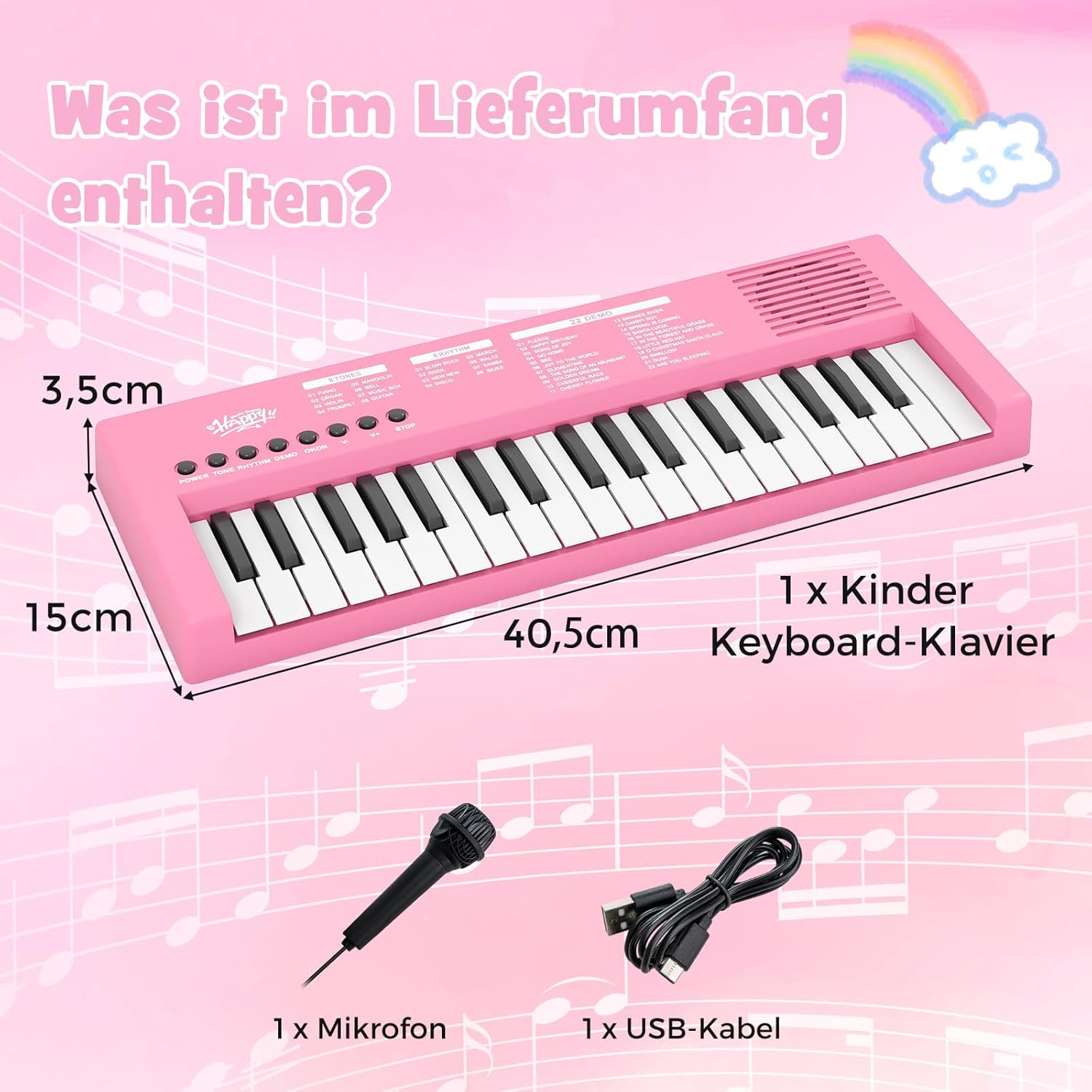 Rosa Keyboard mit Mikrofon und USB-Kabel. Inklusive Maße.