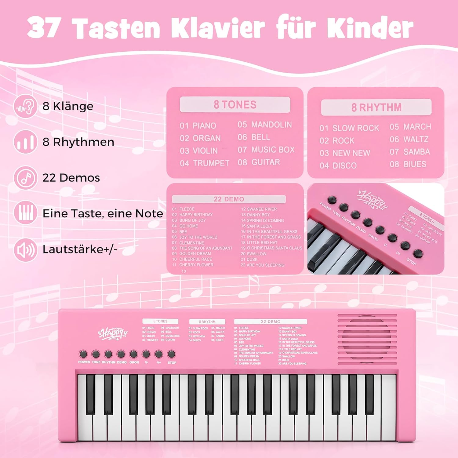Ein pinkes Kinderklavier mit 37 Tasten, das 8 Klänge, 8 Rhythmen und 22 Demos bietet.