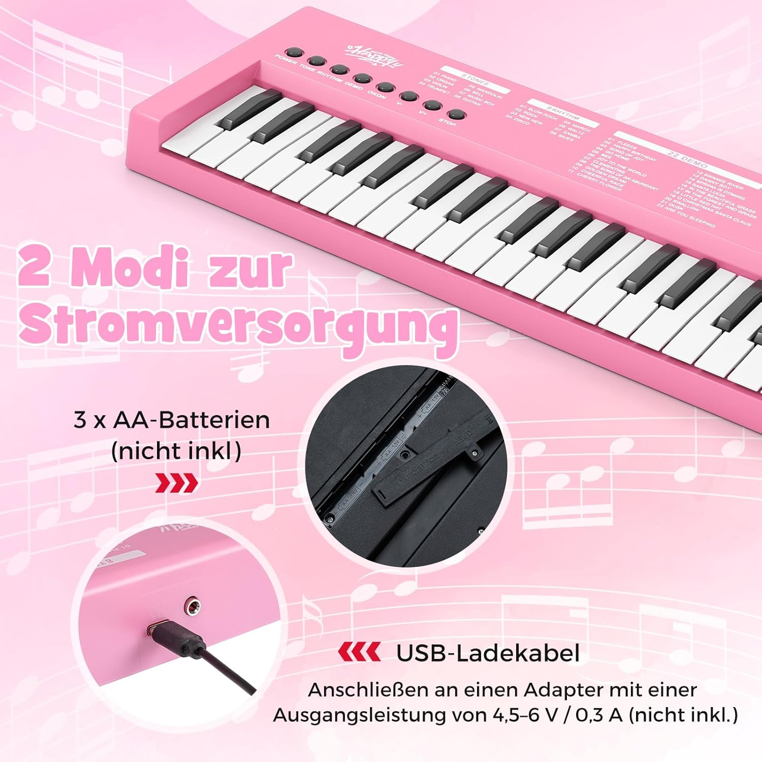 Ein rosa Keyboard mit Tasten, USB-Anschluss und Batterieklappe.