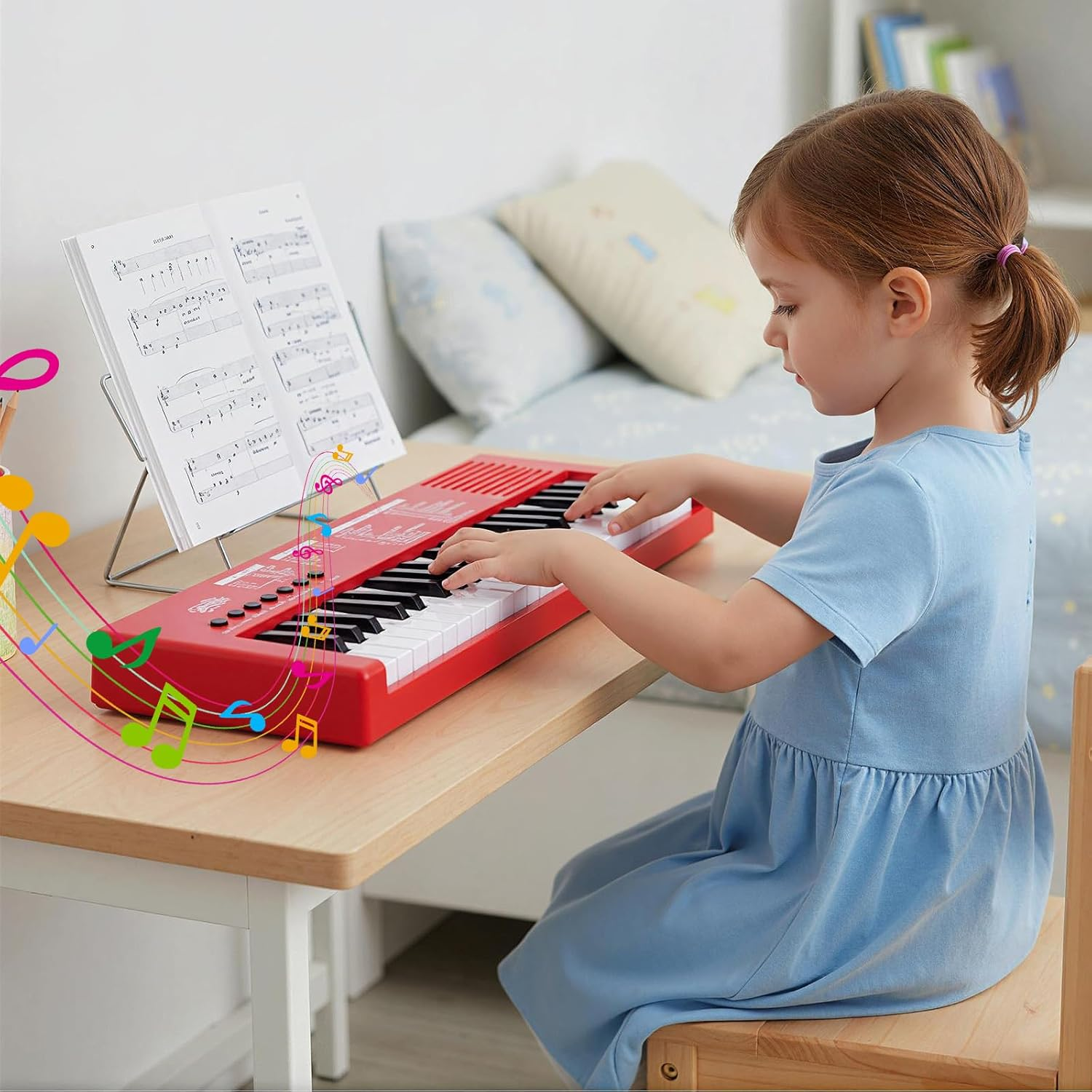 Ein kleines Mädchen spielt auf einem roten Keyboard, Noten liegen daneben.
