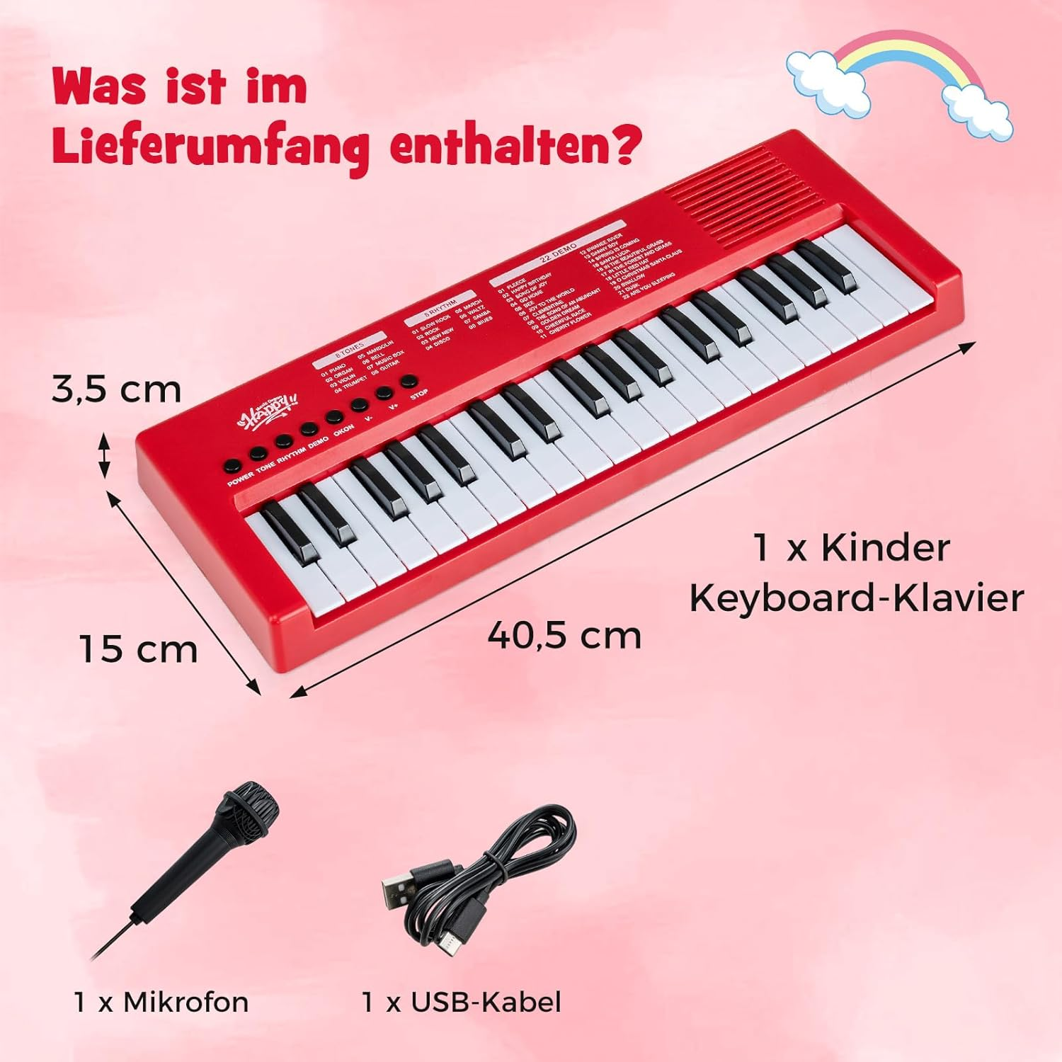Rotes Kinderkeyboard mit Mikrofon und USB-Kabel, Maße sind angegeben.