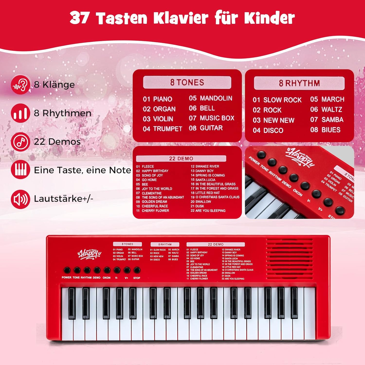 Rotes Kinderklavier mit Tasten und Songliste. Oben steht '37 Tasten Klavier für Kinder'.