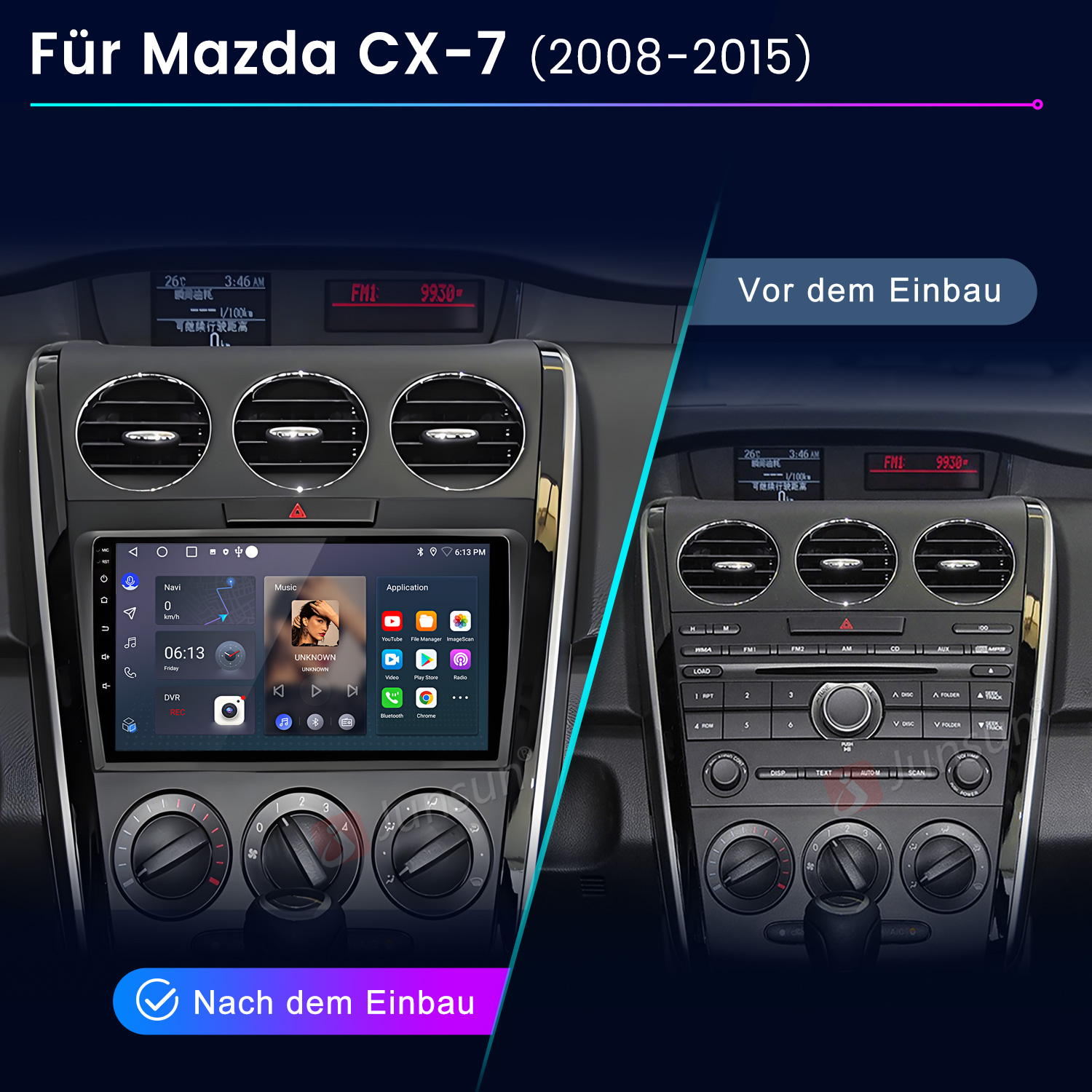 Vergleich eines Mazda CX-7-Armaturenbretts vor und nach dem Einbau eines neuen Infotainmentsystems.