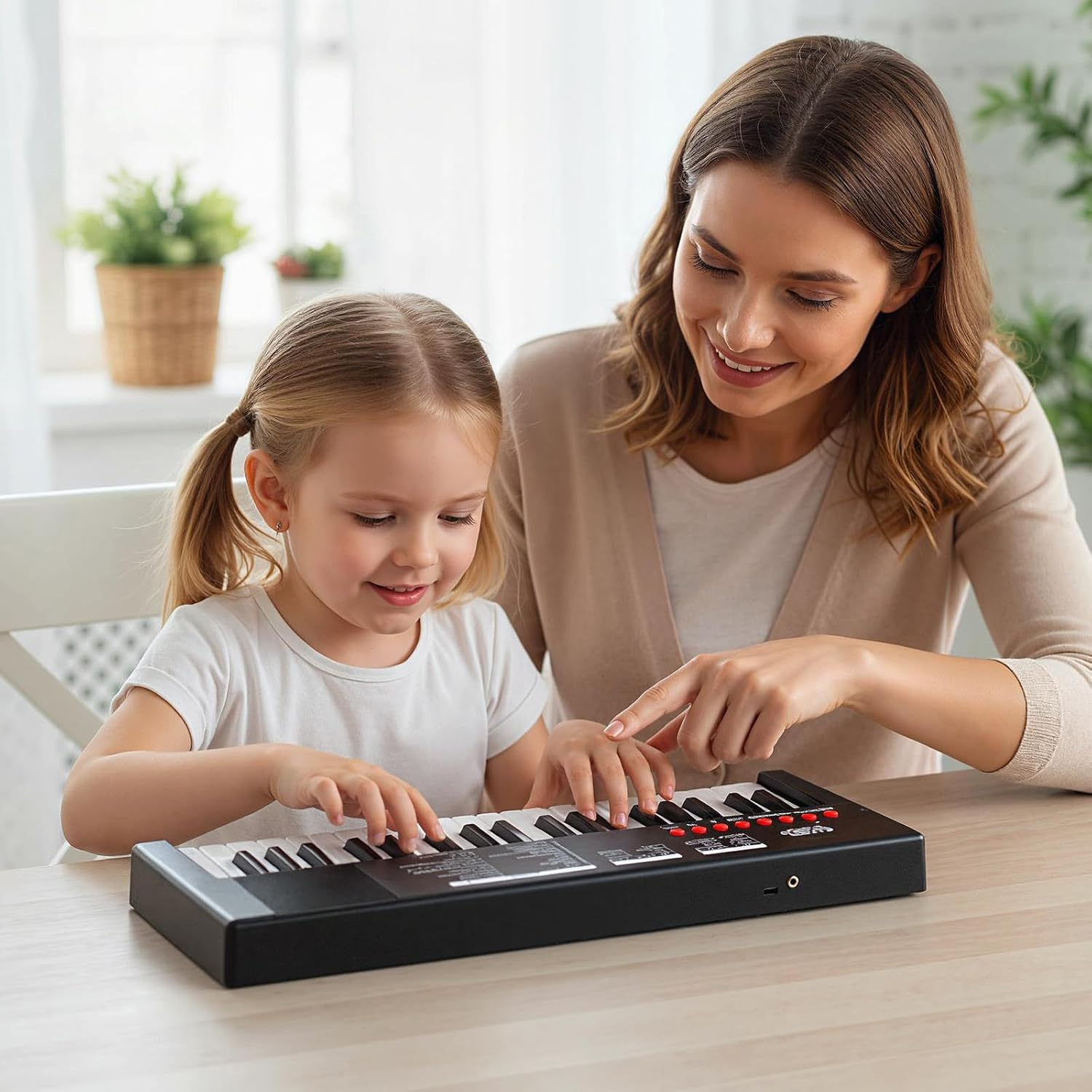 Eine Frau und ein kleines Mädchen spielen zusammen auf einem Keyboard.