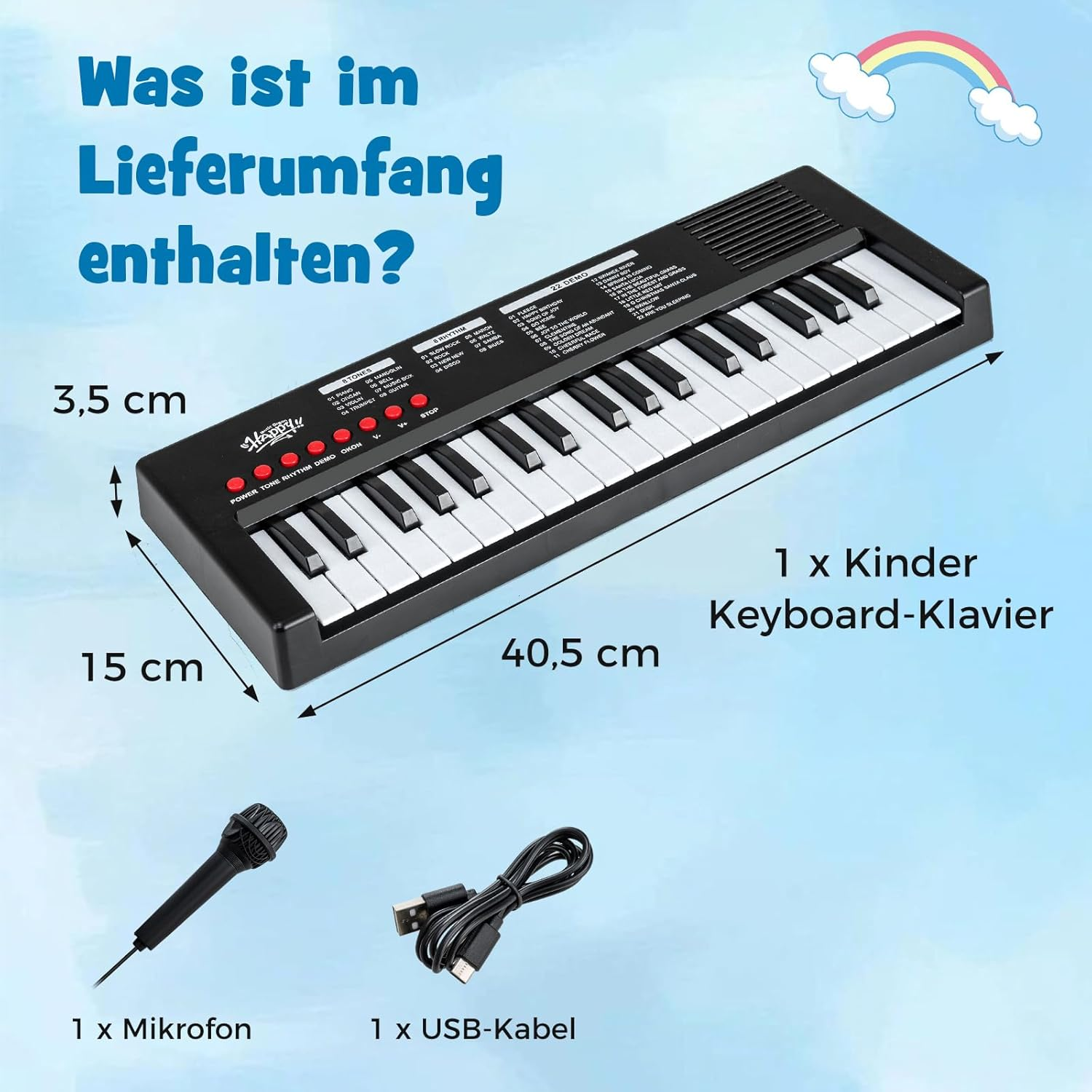Ein Kinderkeyboard mit Mikrofon und USB-Kabel, Maße 40,5x15x3,5 cm.