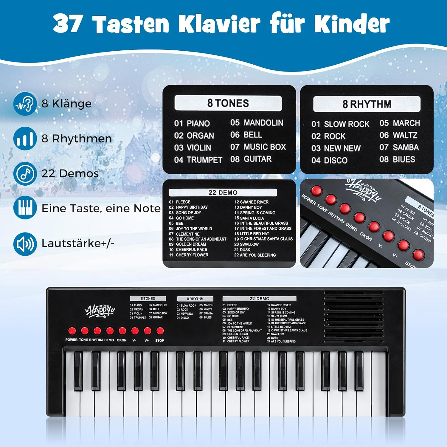 Ein Klavier für Kinder mit 37 Tasten, 8 Klängen, 8 Rhythmen und 22 Demos.