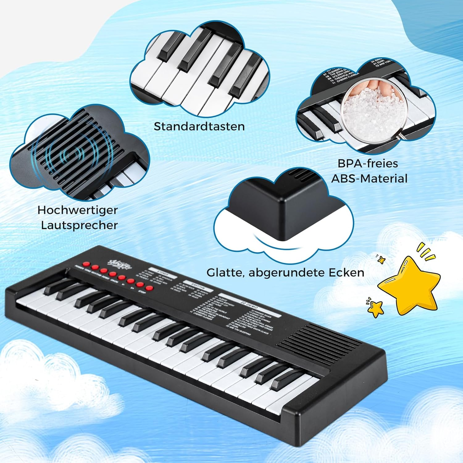 Ein schwarzes Keyboard mit 32 Tasten, Lautsprecher, Sternen und Wolken.