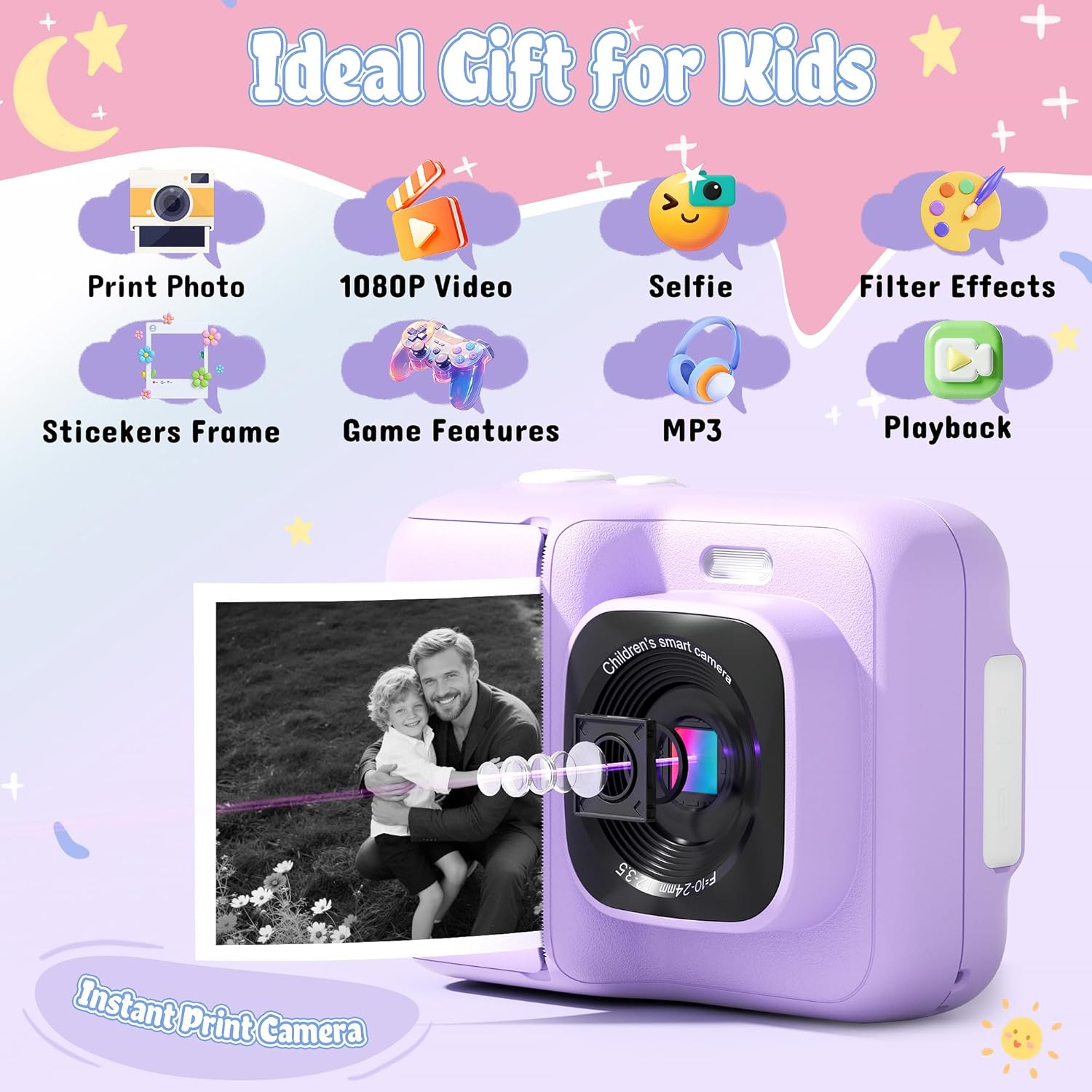 Lila Sofortbildkamera mit Icons für Foto, Video, Selfie, Filter, Spiele, MP3 & Wiedergabe.