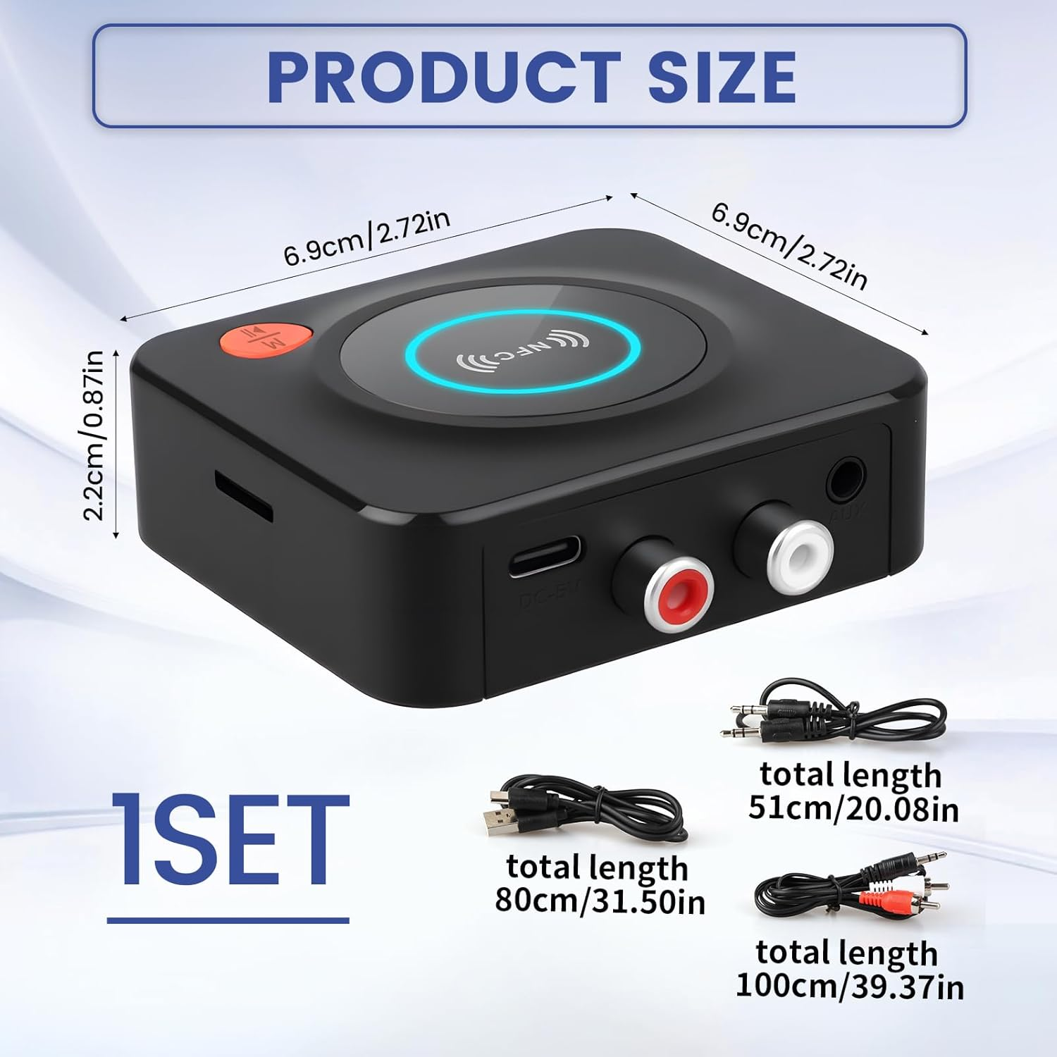 Schwarzes Bluetooth-Gerät mit Anschlüssen und Kabeln. Maße angegeben.