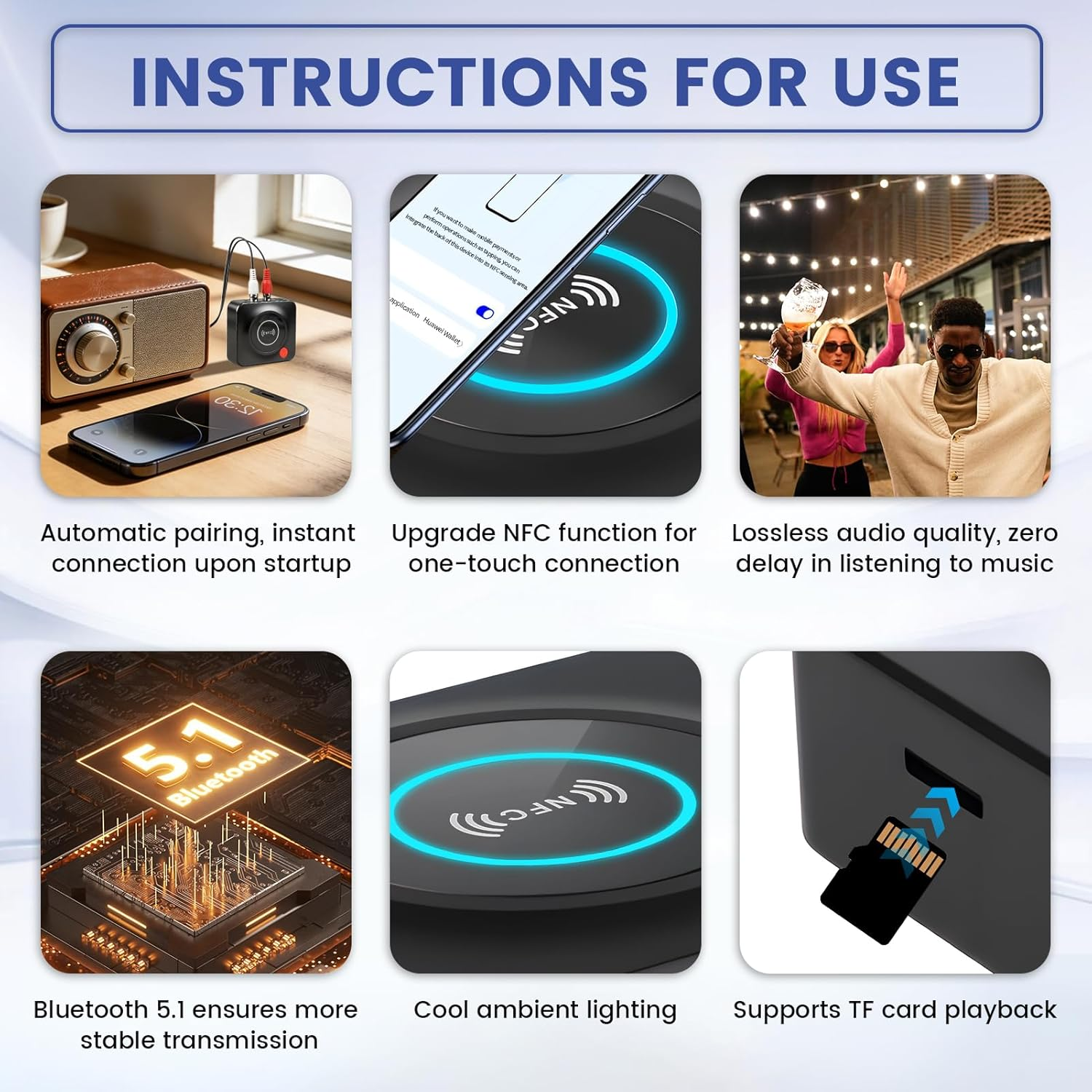 Anleitung: Automatische Kopplung, NFC, Audioqualität, Bluetooth 5.1, Beleuchtung, TF-Karte.