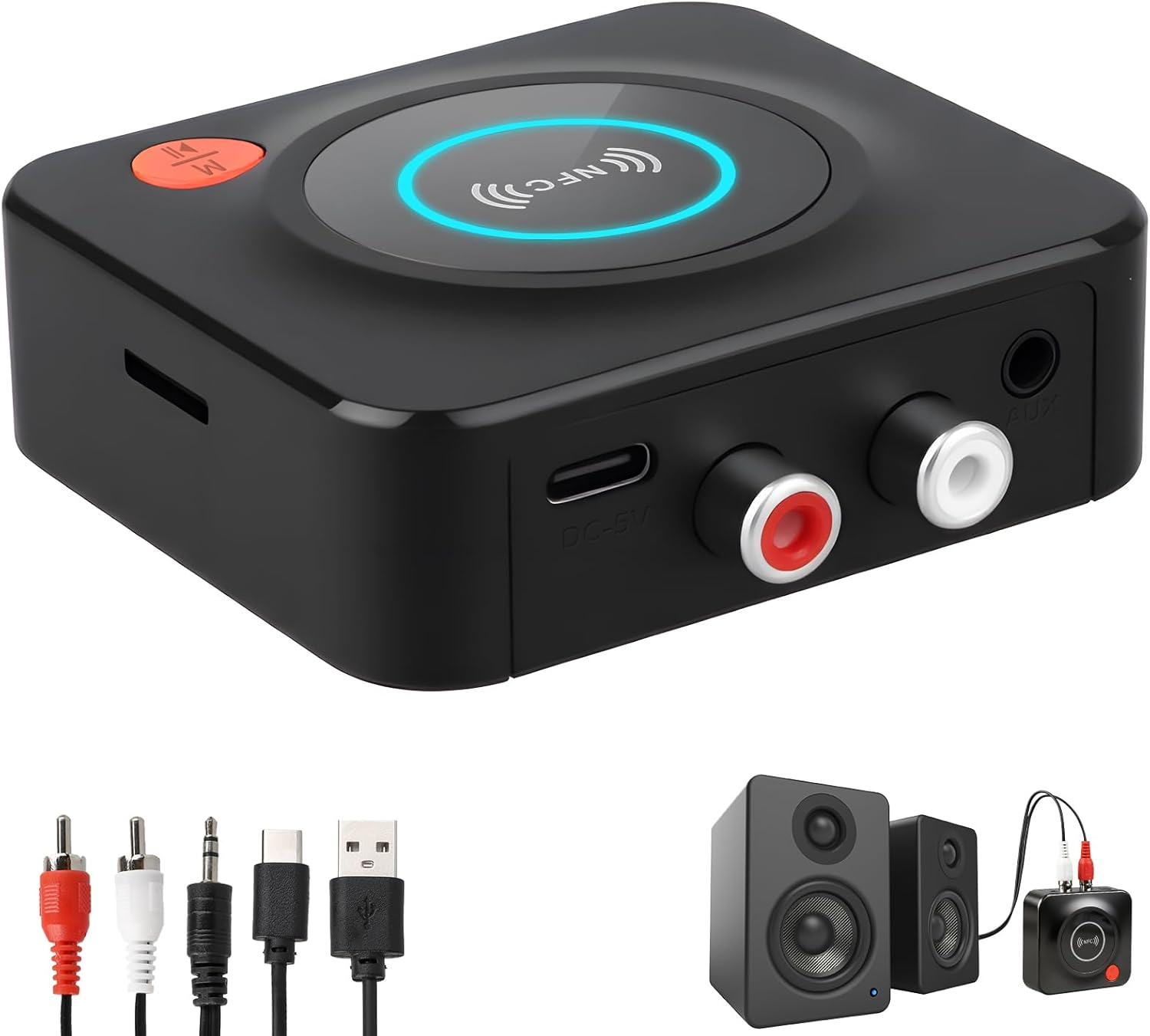 Schwarzer NFC-Bluetooth-Empfänger mit RCA-, AUX-Anschlüssen und Kabeln.
