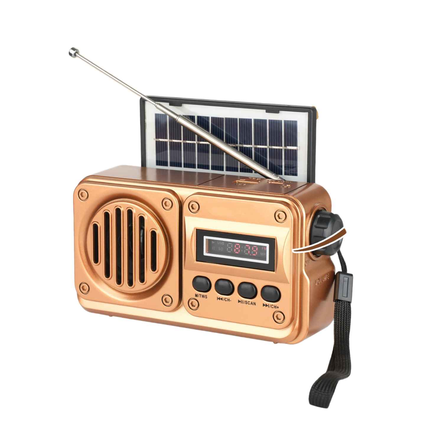 Ein kupferfarbenes Radio mit Solarpanel, Antenne, Lautstärkeregler und Tasten.