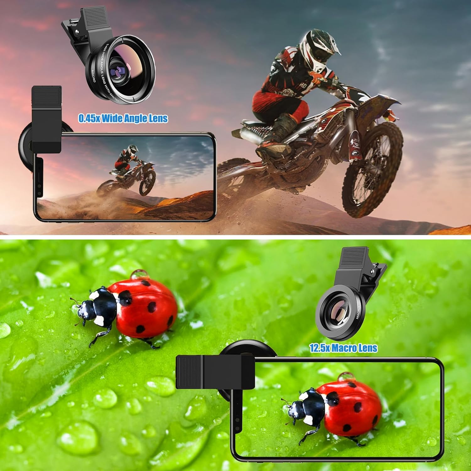 Makro- und Weitwinkelobjektive für Smartphones mit Beispielen von Motocross und Marienkäfer.