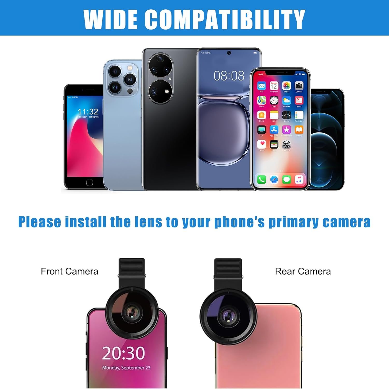 Mehrere Smartphones mit Kameras und Objektiven für Front- und Rückkameras.