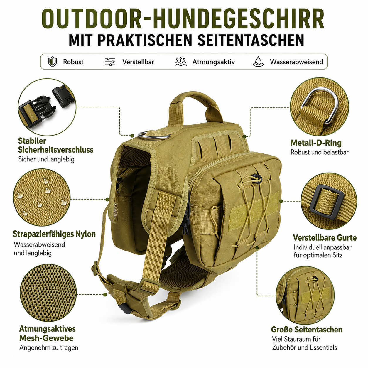 Ein beigefarbenes Outdoor-Hundegeschirr mit Seitentaschen, Schnallen, D-Ring und Mesh-Gewebe.