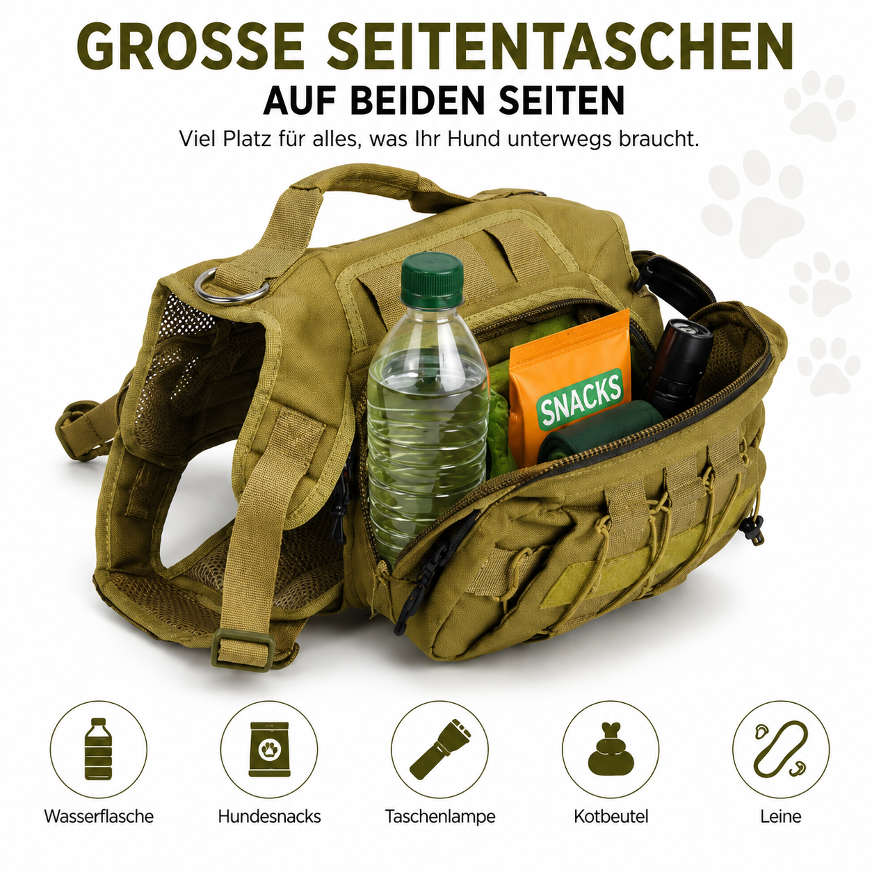 Eine olivgrüne Hundetasche mit mehreren Taschen, gefüllt mit Wasser, Snacks und Lampe.