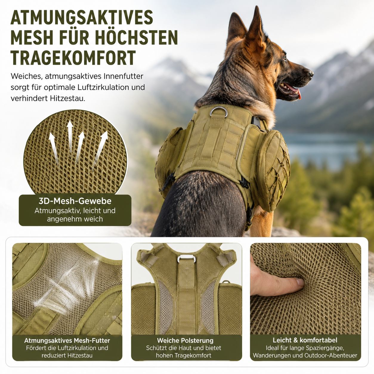 Ein Deutscher Schäferhund trägt ein olivgrünes Geschirr mit Taschen in bergiger Landschaft.