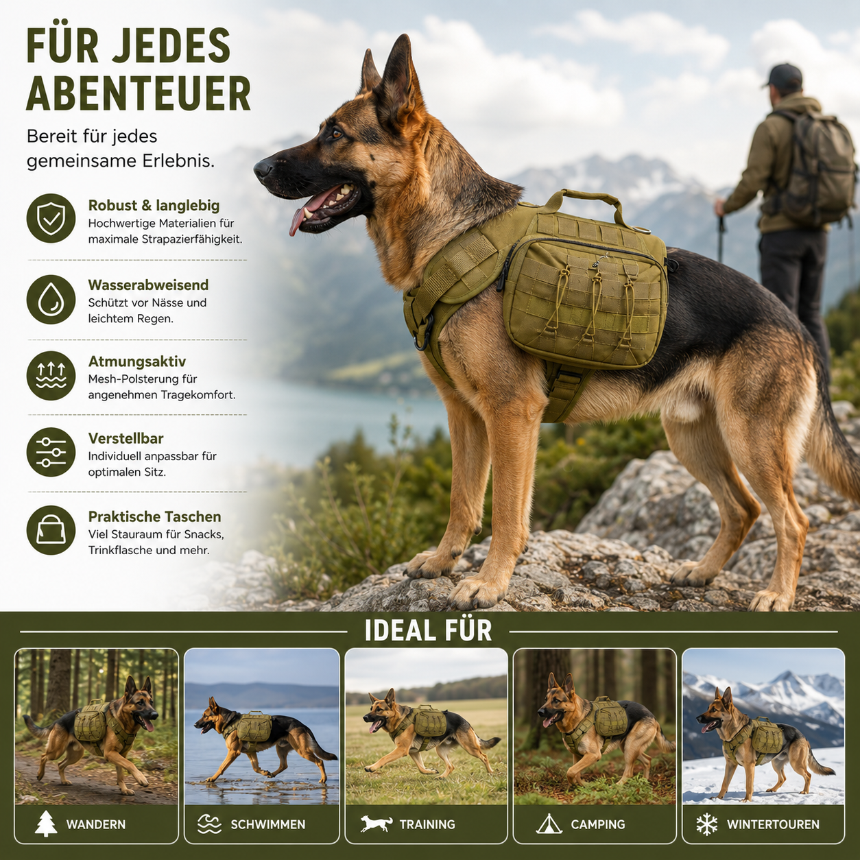 Deutscher Schäferhund mit Wanderrucksack in Berglandschaft. Mehrere Szenen zeigen Hunde bei Aktivitäten.