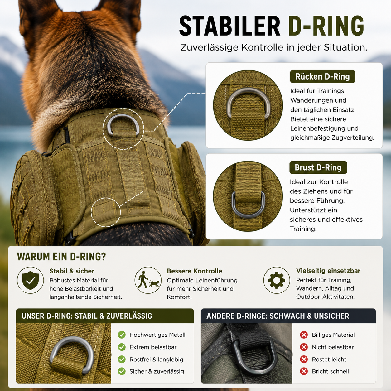 Ein Hund trägt ein olivgrünes Geschirr mit zwei D-Ringen, die für Stabilität und Kontrolle stehen.