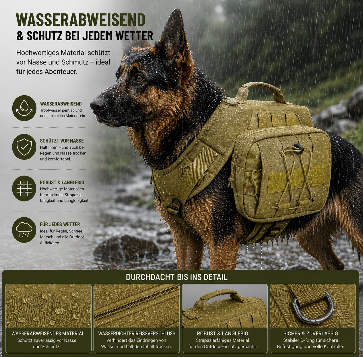 Ein Deutscher Schäferhund trägt eine olivgrüne Hundeweste mit Taschen im Regen.