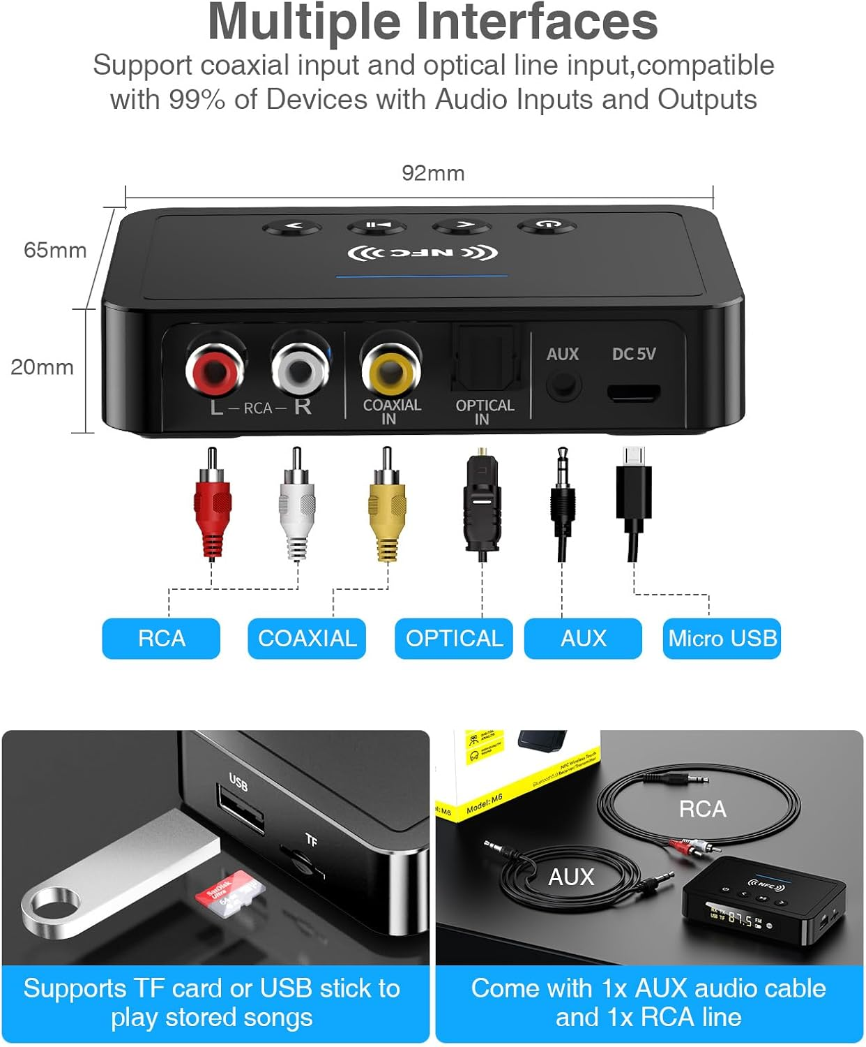 Schwarzer Audioempfänger mit RCA-, Koaxial-, Optik-, AUX- und Micro-USB-Anschlüssen.