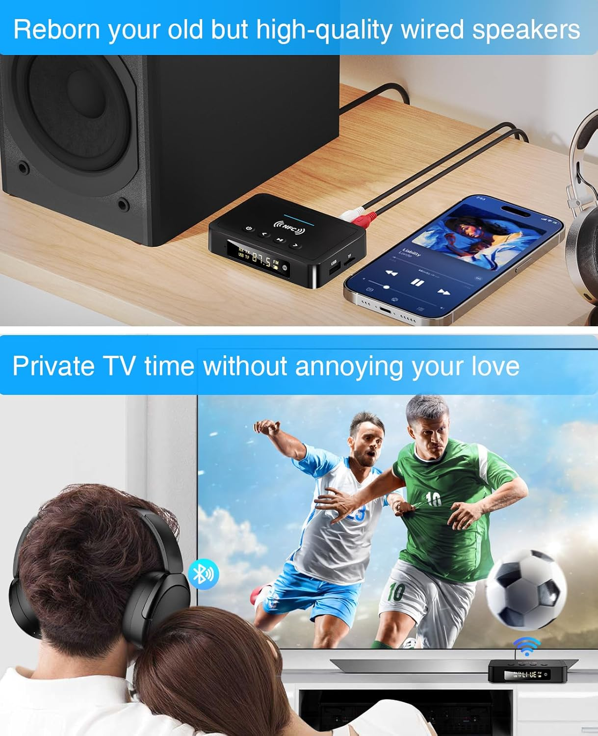 Ein schwarzer Bluetooth-Empfänger verbindet einen Lautsprecher mit einem Smartphone und Kopfhörern.