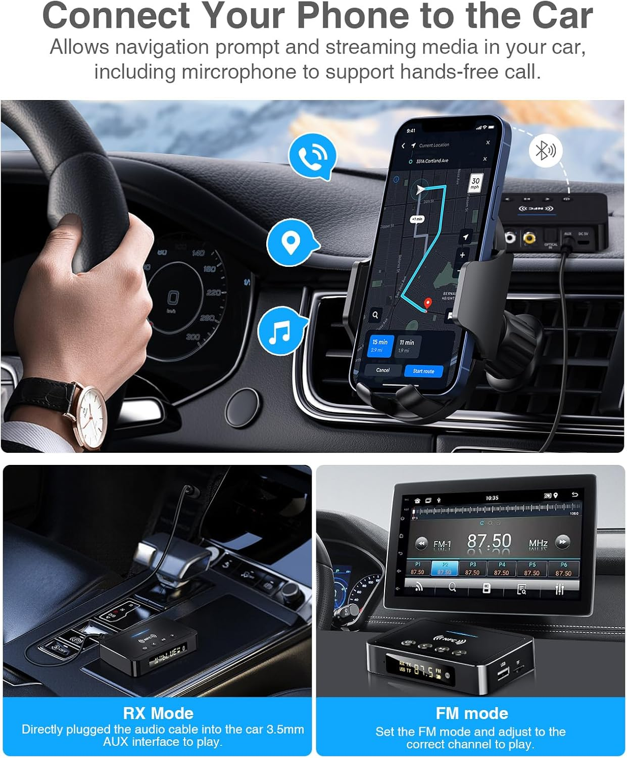 Ein Auto-Innenraum mit Handy-Navigation, einem Lenkrad und zwei Geräten für RX- und FM-Modi.